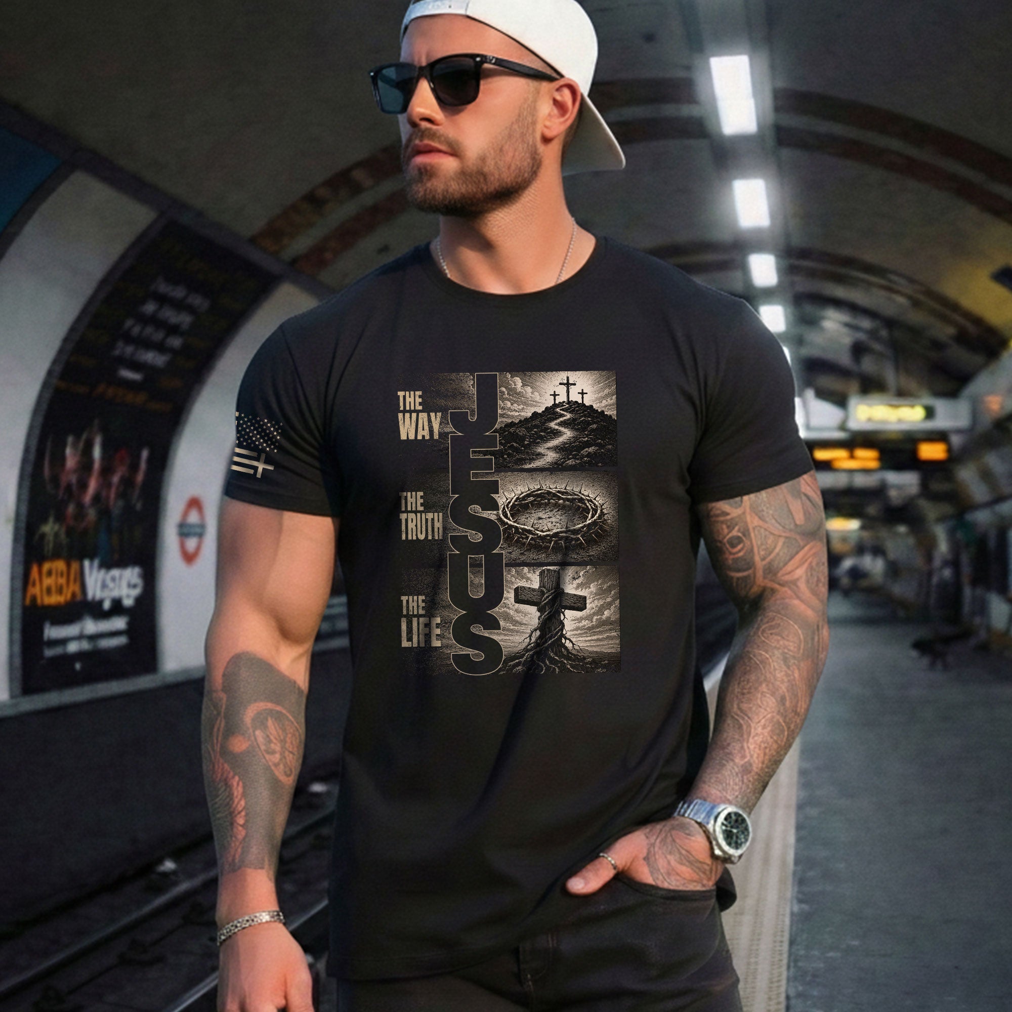 Jesus The Way The Truth The Life Shirt Men Christian T-Shirt Cross Crown Thorns Graphic Tee