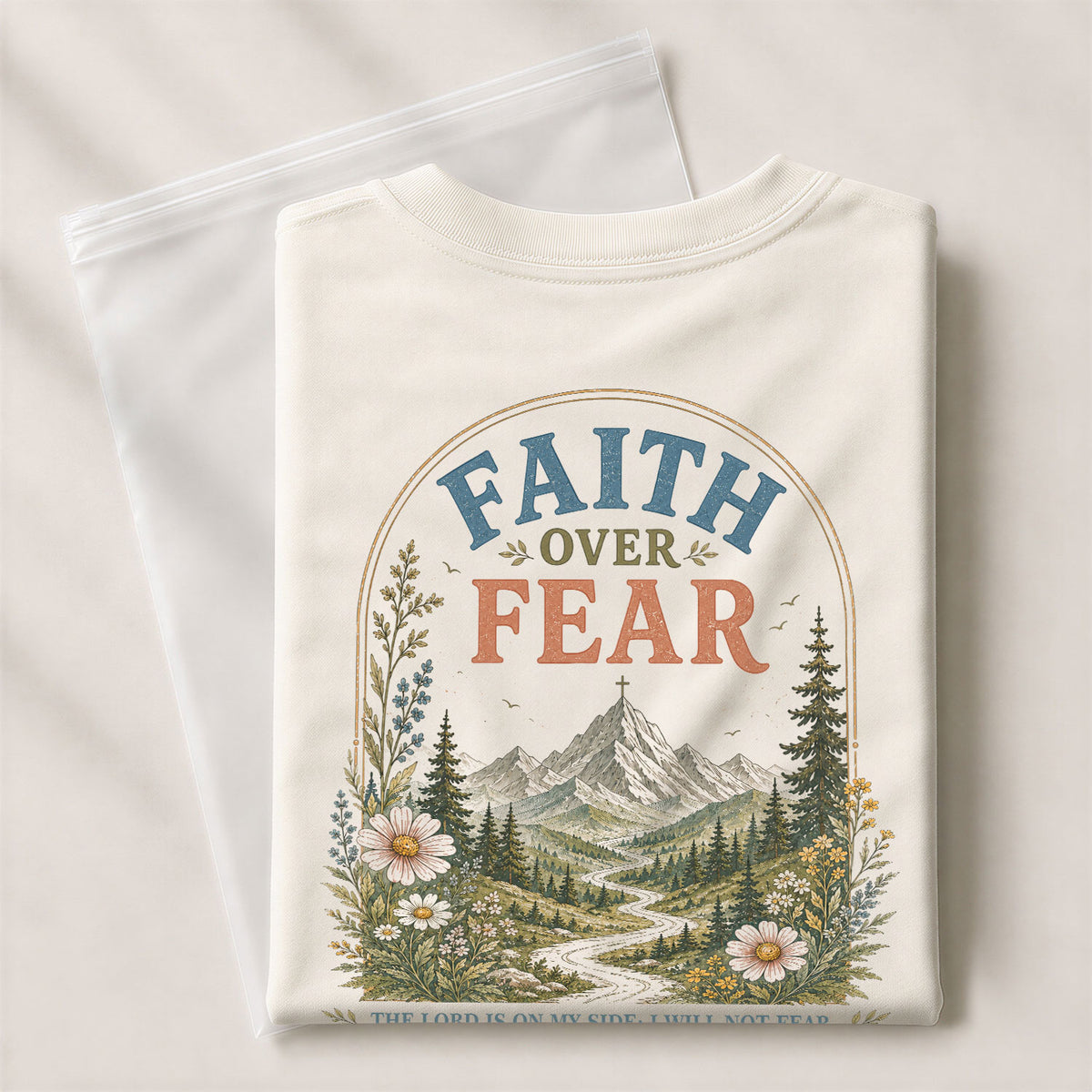 Inspirational Christian Faith Over Fear Mountain Aesthetic Women Graphic Tee Shirt - Rust Field Wear