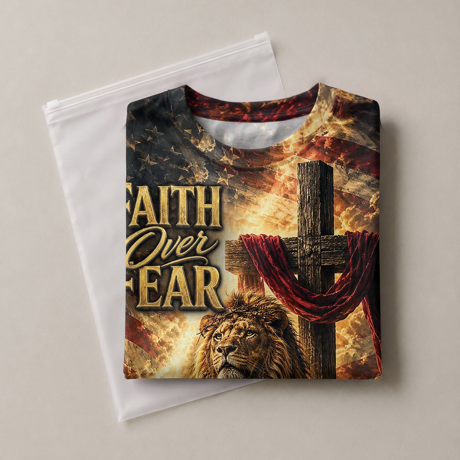 Faith Over Fear Shirt Christian Lion Cross Jesus 3D All Over Print Graphic Men T-Shirt