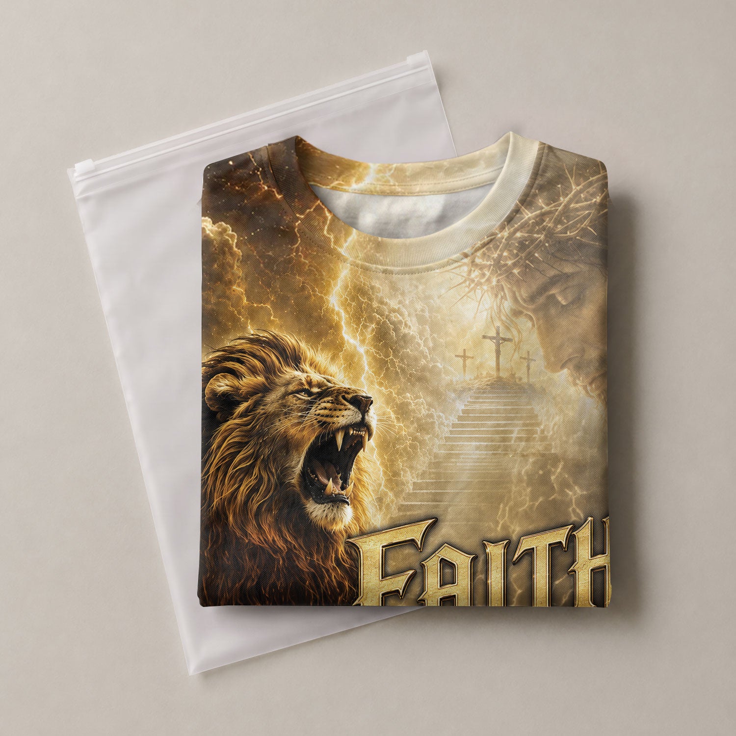 Faith Over Fear Jesus Shirt Christian Lion Cross 3D All Over Print Graphic Men Tee Shirt