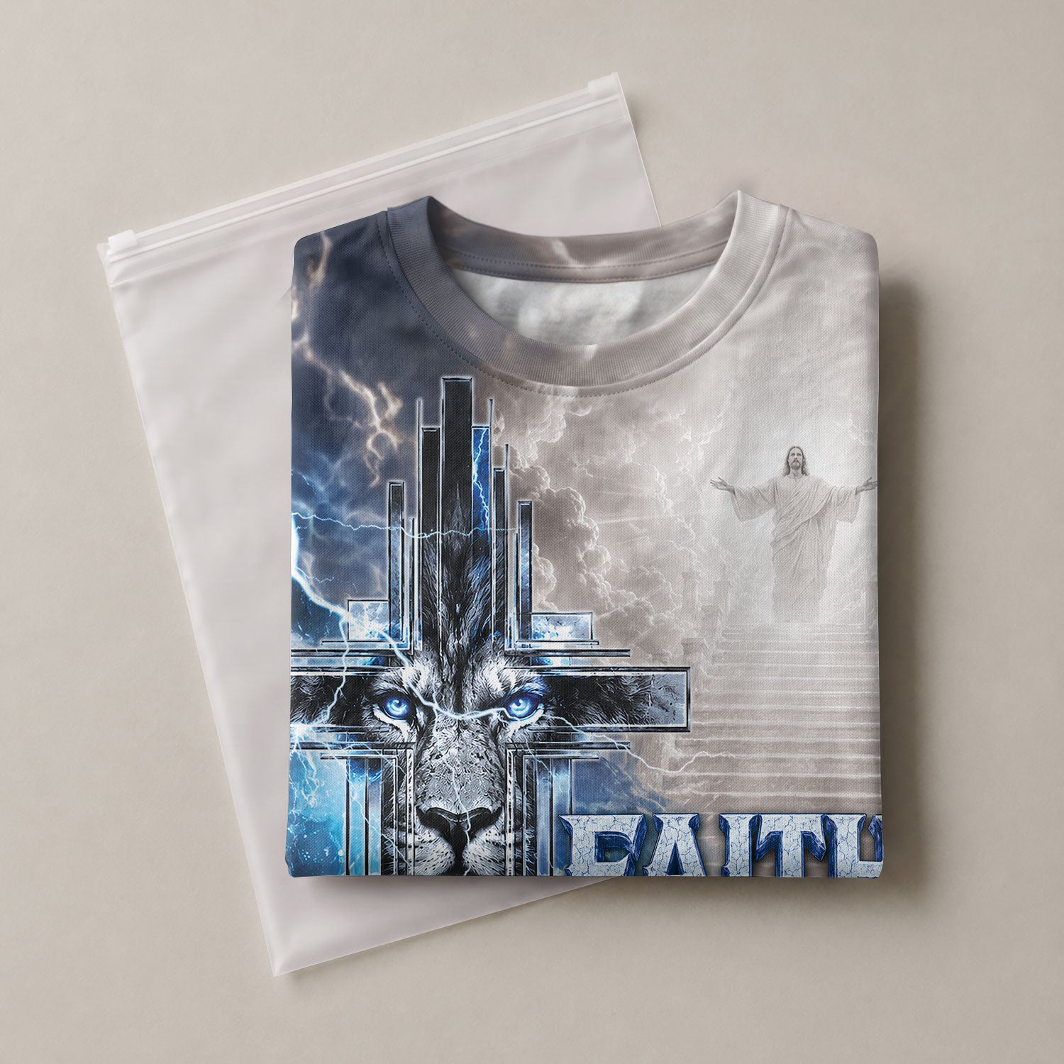 Faith Over Fear Jesus Shirt Blue Lightning Lion Cross 3D All Over Print Christian Men Apparel