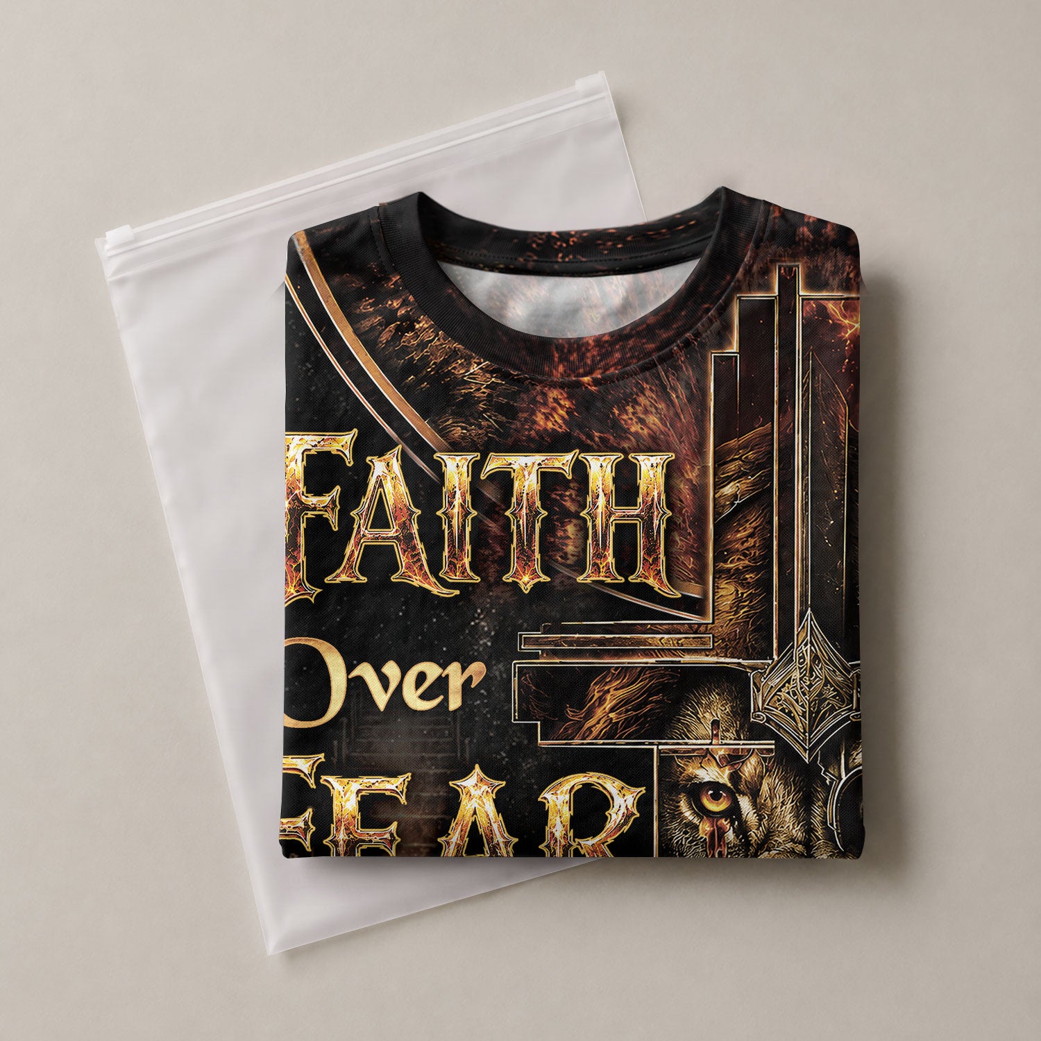 Faith Over Fear Lion Cross Christian Jesus Golden Graphic - Christian Tee Shirts, Christian Shirts for Men - Rust Field Wear