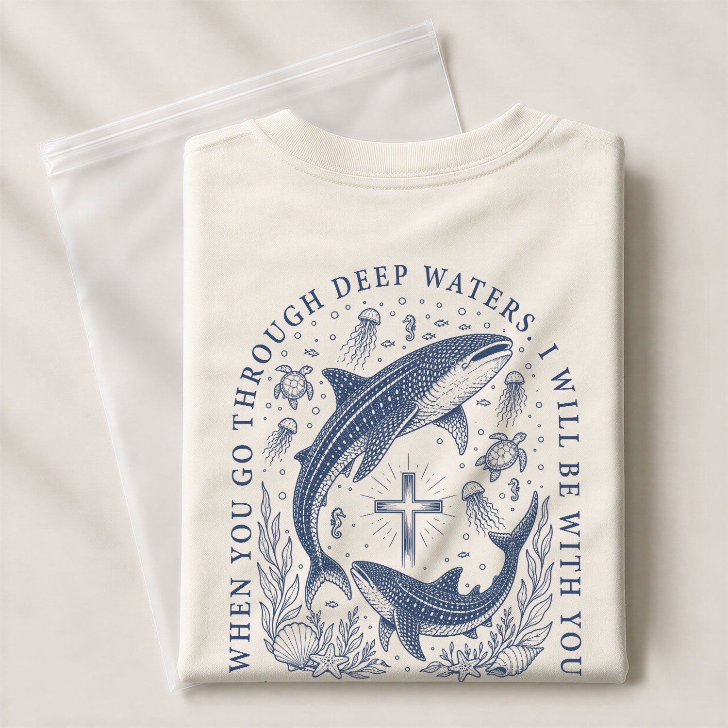 When You Go Through Deep Waters Whale Cross Christian Graphic Tee Shirt For Women - Rust Field Wear