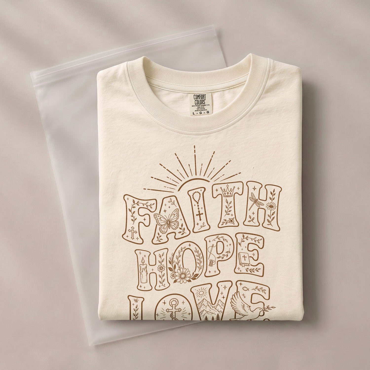 Faith Hope Love T-Shirt Christian Women Faith Shirt Aesthetic Doodle Line Art Graphic - Rust Field Wear