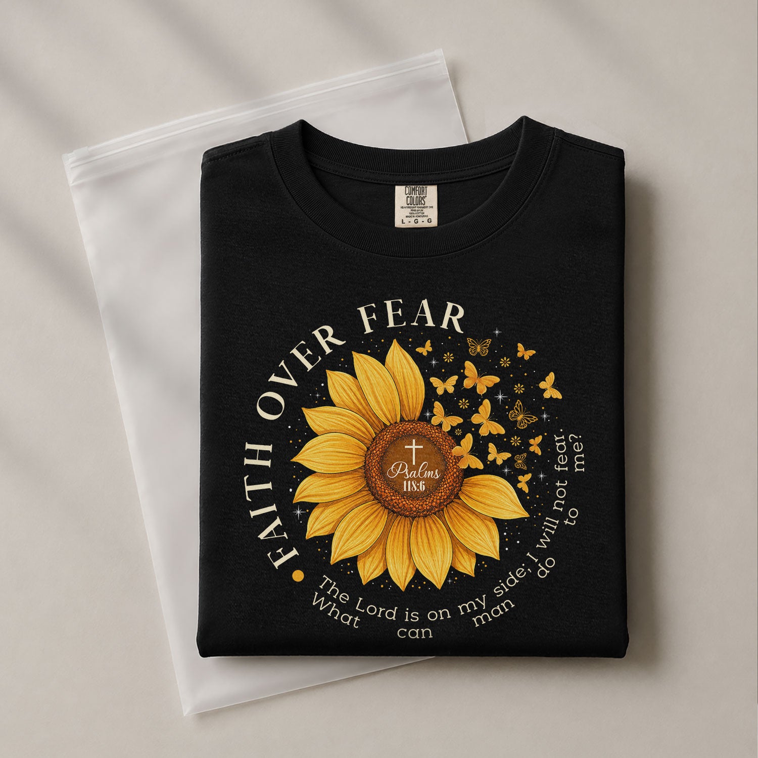 Faith Over Fear Psalms 118:6 Sunflower Butterfly Christian Graphic Tee For Women - Rust Field Wear