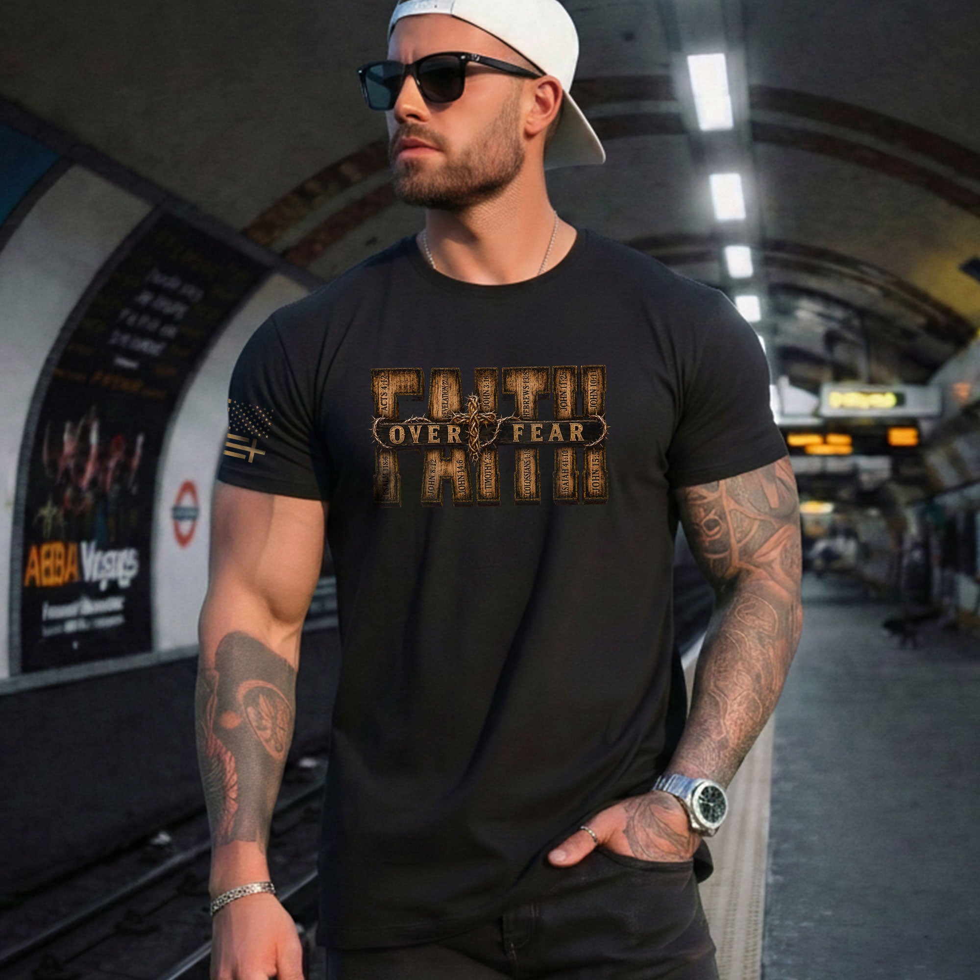 Faith Over Fear Wood Letters Scripture Christian Graphic Tee Shirt For Men Apparel - Rust Field Wear