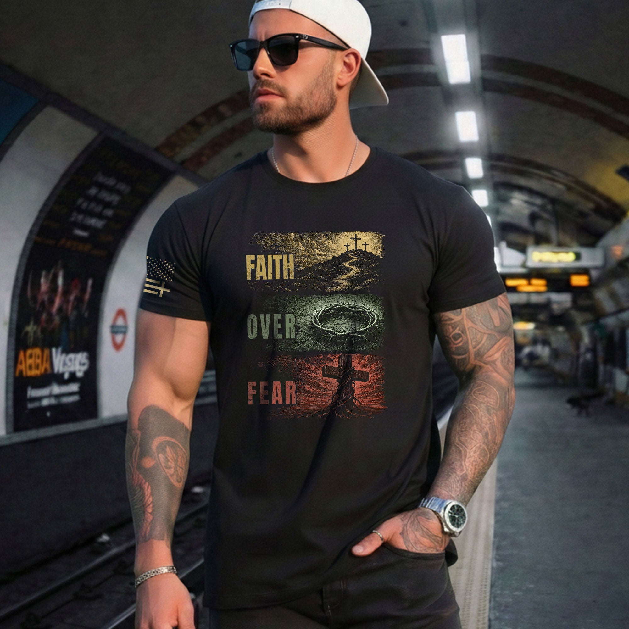Faith Over Fear Three Panel Cross Crown Of Thorns Christian Graphic Tee Shirt For Men - Rust Field Wear