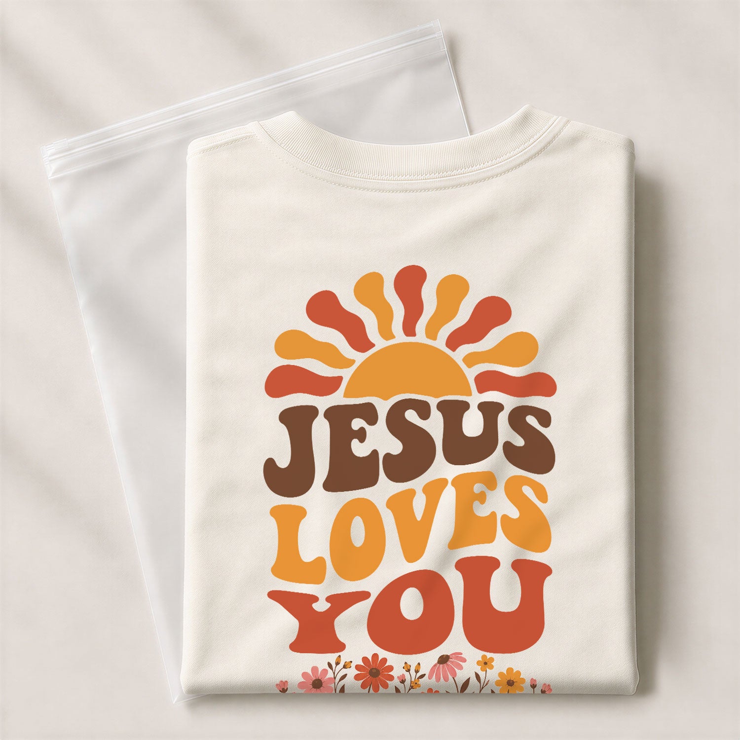 Jesus Loves You Retro Sun Floral Christian Graphic Tee Shirt For Women Everyday Wear - Rust Field Wear