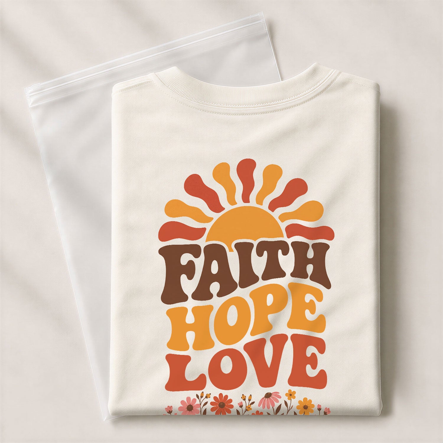 Faith Hope Love Retro Sun Floral Christian Graphic Tee Shirt For Women Everyday Wear - Rust Field Wear