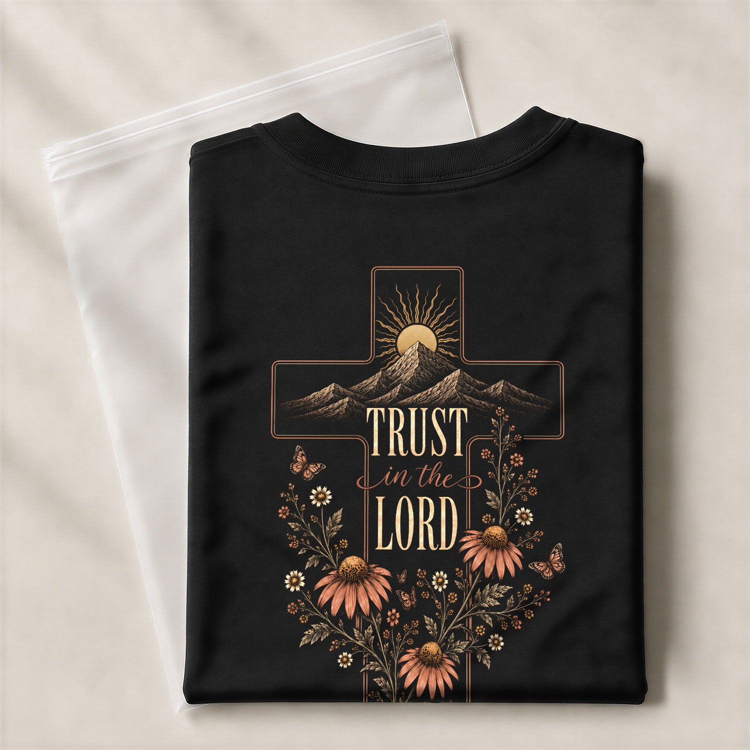 Trust In The Lord Cross Mountain Floral Christian Graphic Tee Shirt For Women Apparel - Rust Field Wear