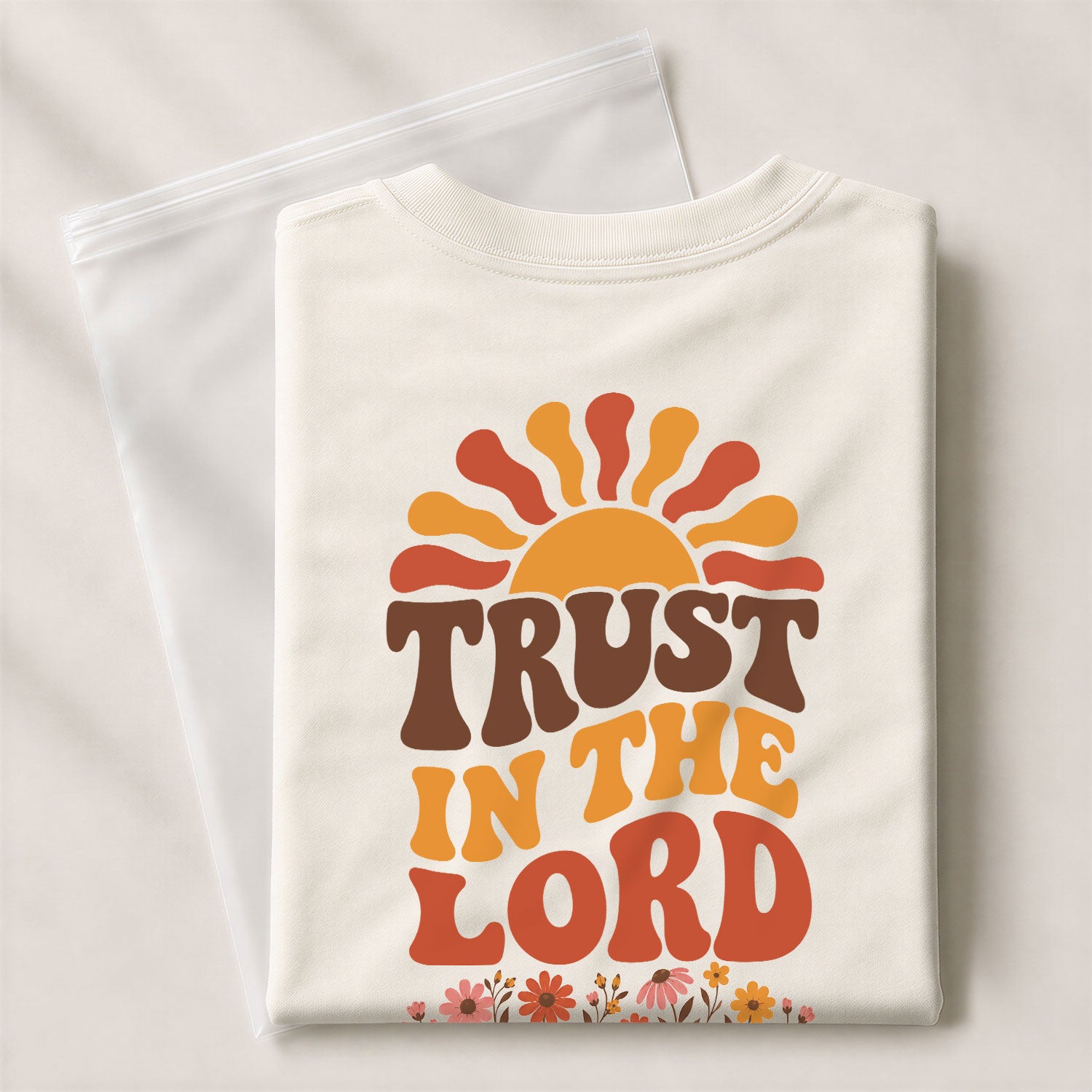 Trust In The Lord Retro Sun Floral Christian Graphic Tee Shirt For Women Apparel - Rust Field Wear