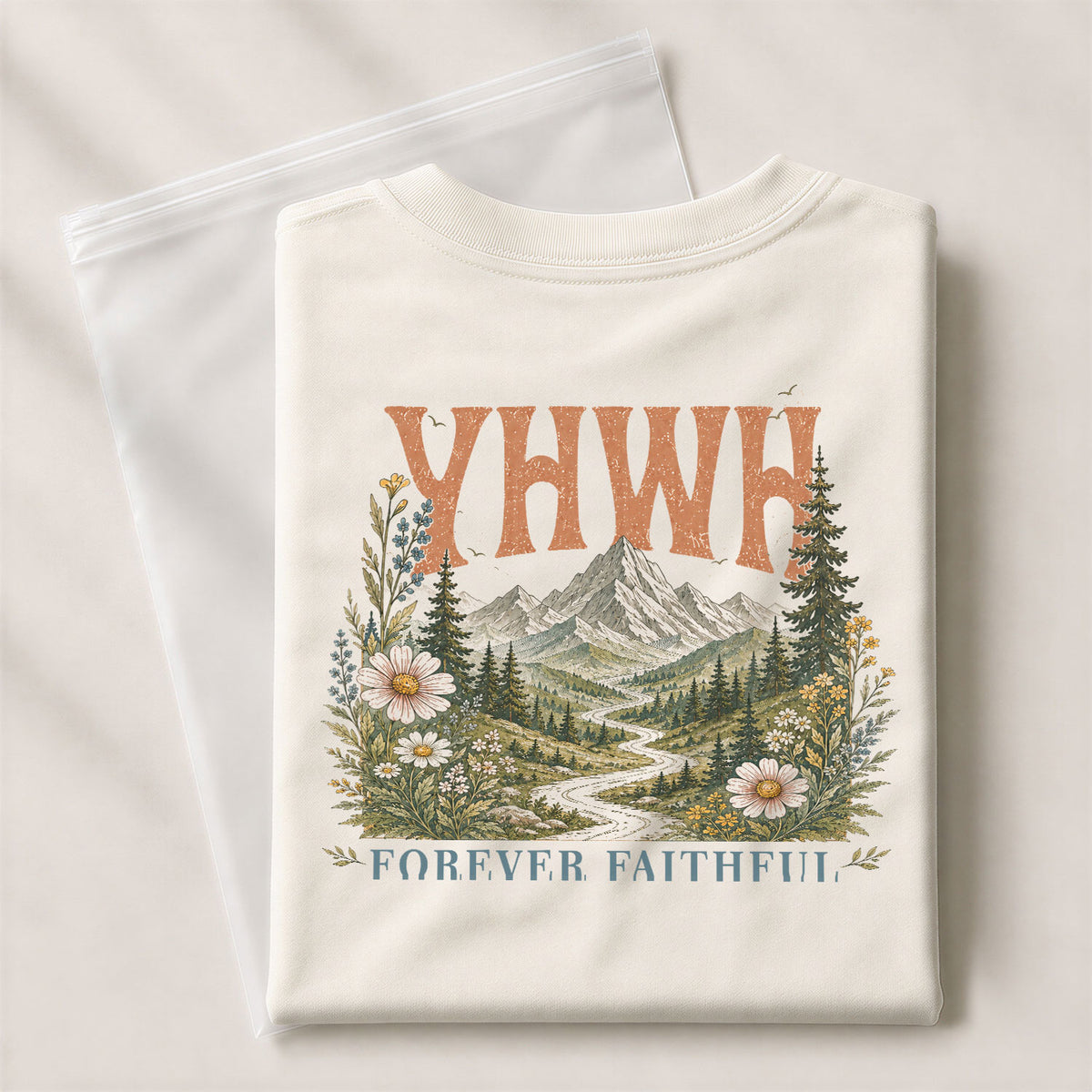 Spiritual Christian YHWH Mountain Nature Aesthetic Women Graphic Tee Shirt Vintage - Rust Field Wear