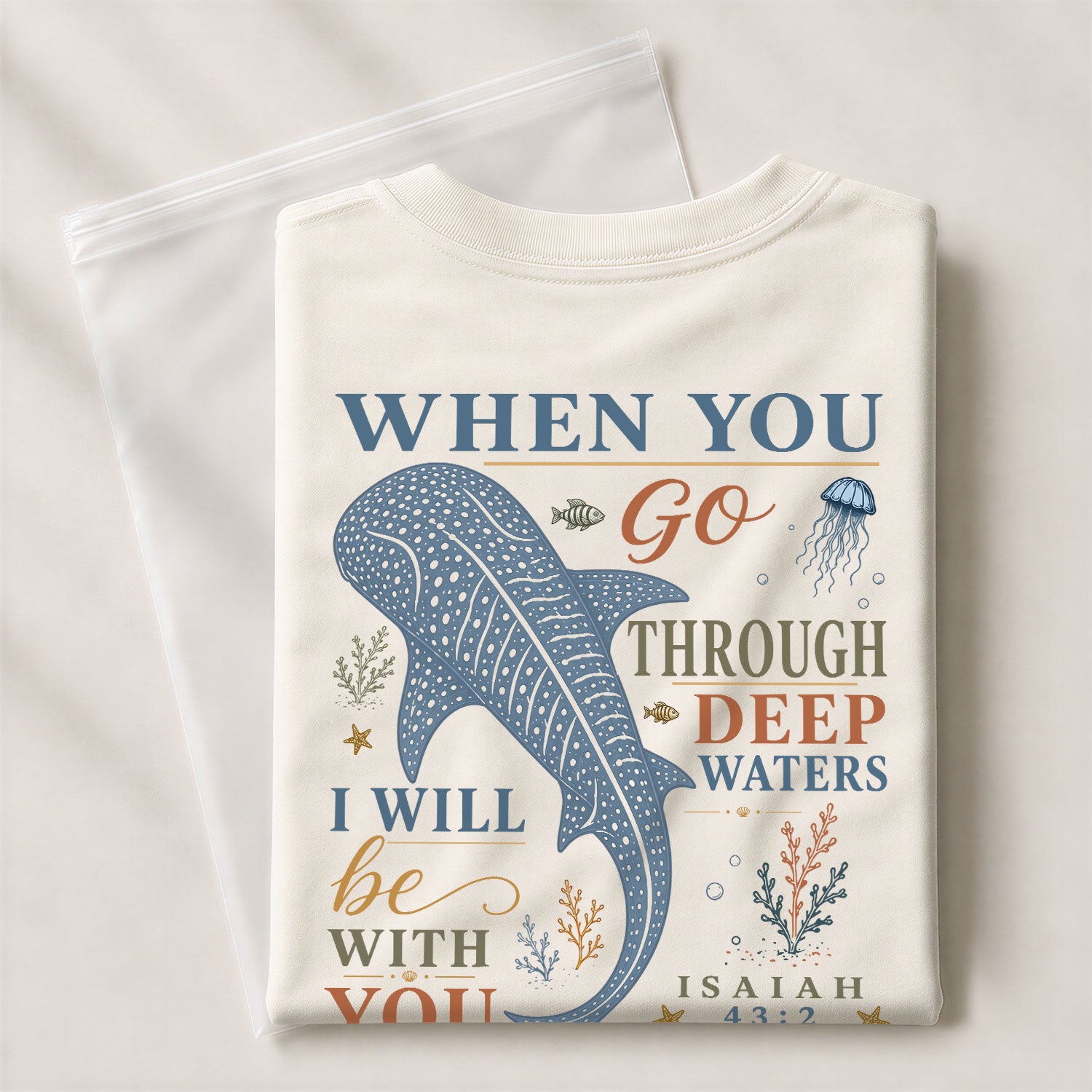 Deep Waters T-Shirt Women Colorful Typography Whale Shark Graphic Tee Isaiah 43 2 Faith