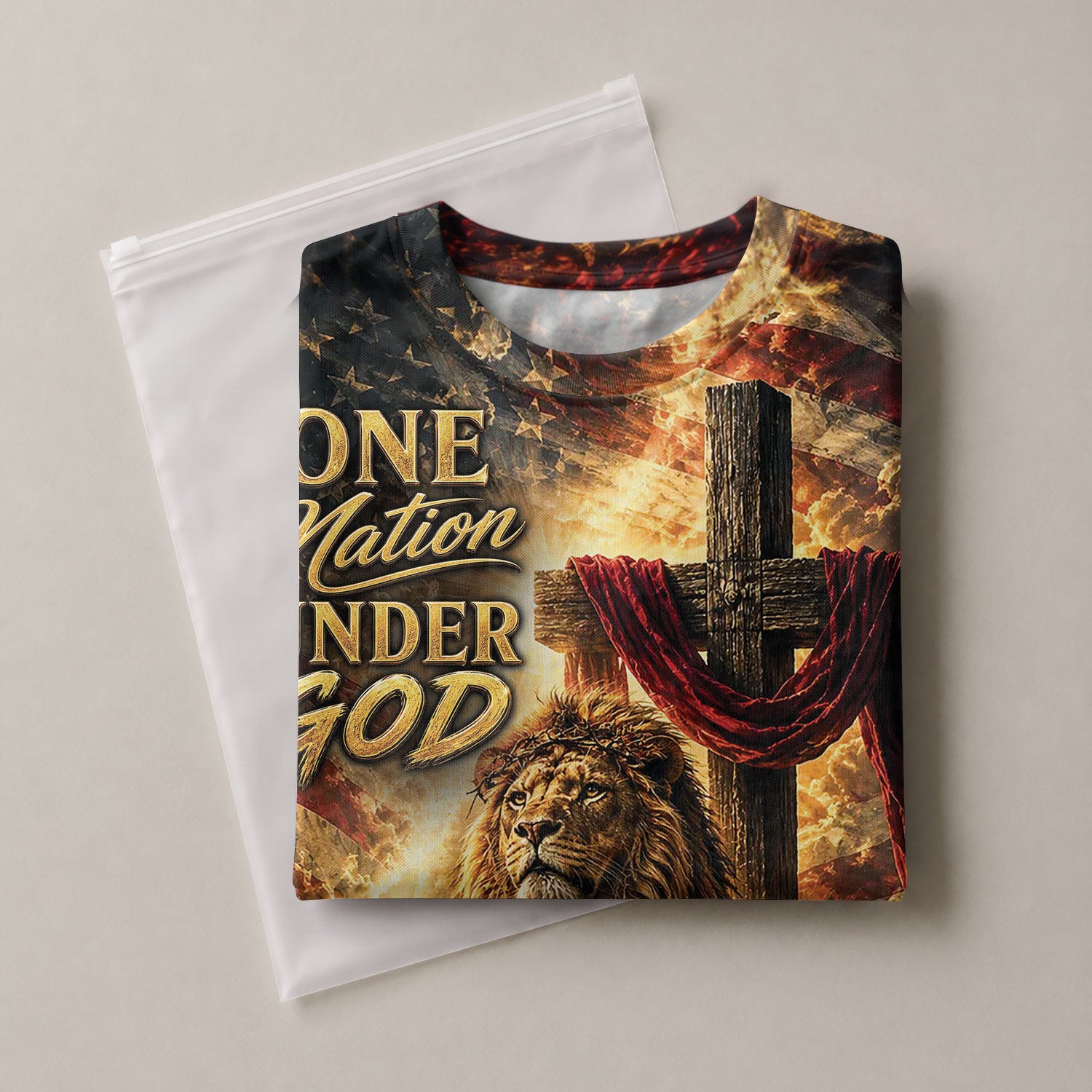 Christian Lion Cross 3D Men T-Shirt One Nation Under God Jesus Graphic Print Tee Shirt