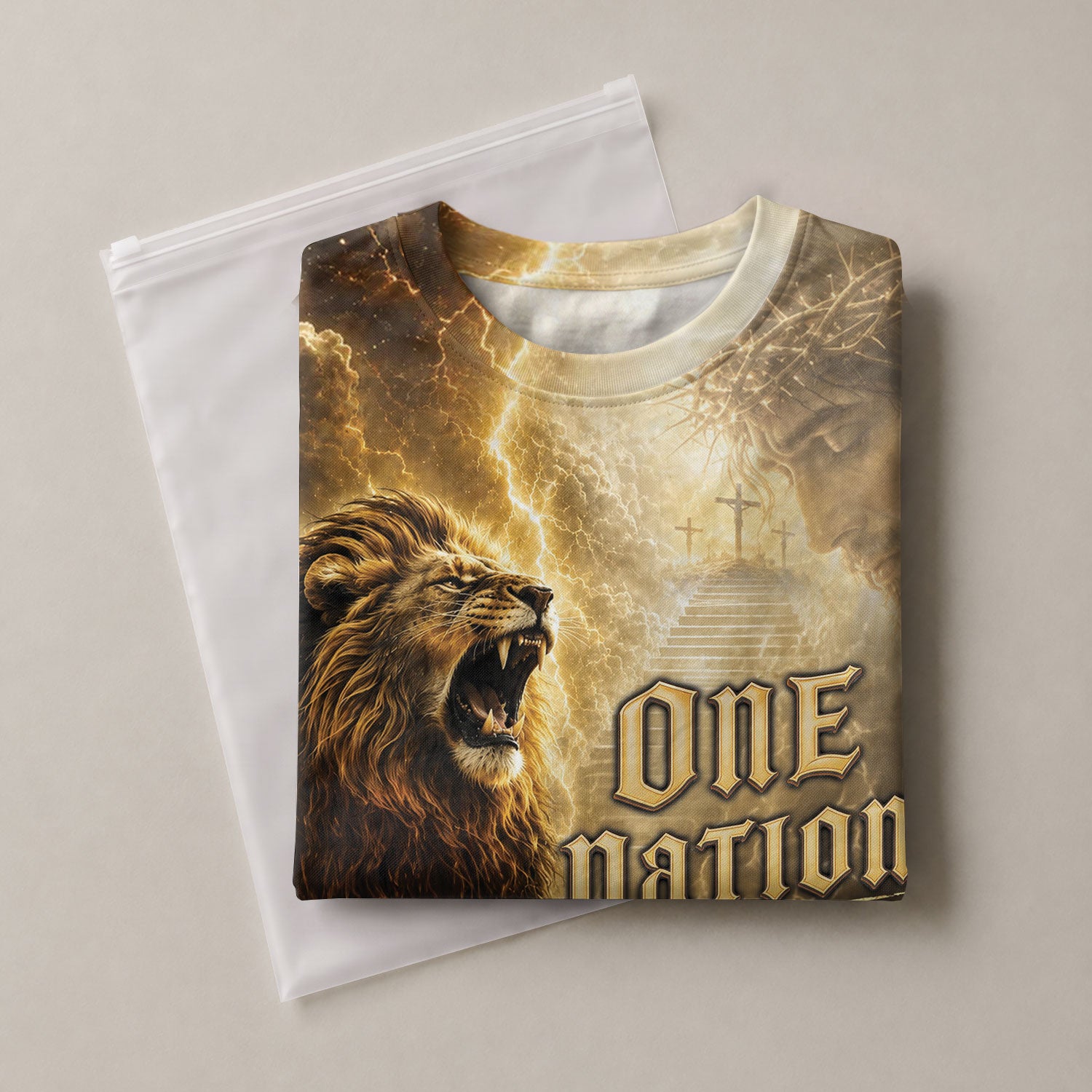 One Nation Under God Shirt Christian Roaring Lion Cross Jesus 3D Graphic Men Tee