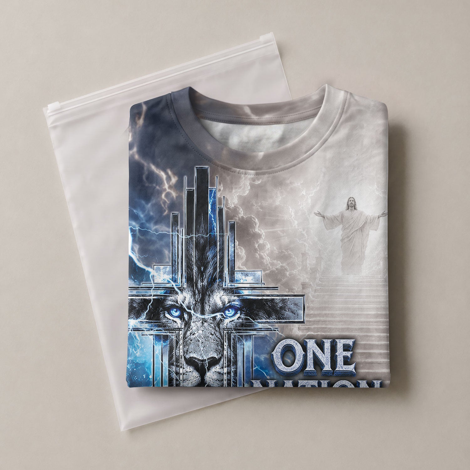 One Nation Under God Shirt Blue Lightning Lion Cross 3D All Over Print Christian Men Tee
