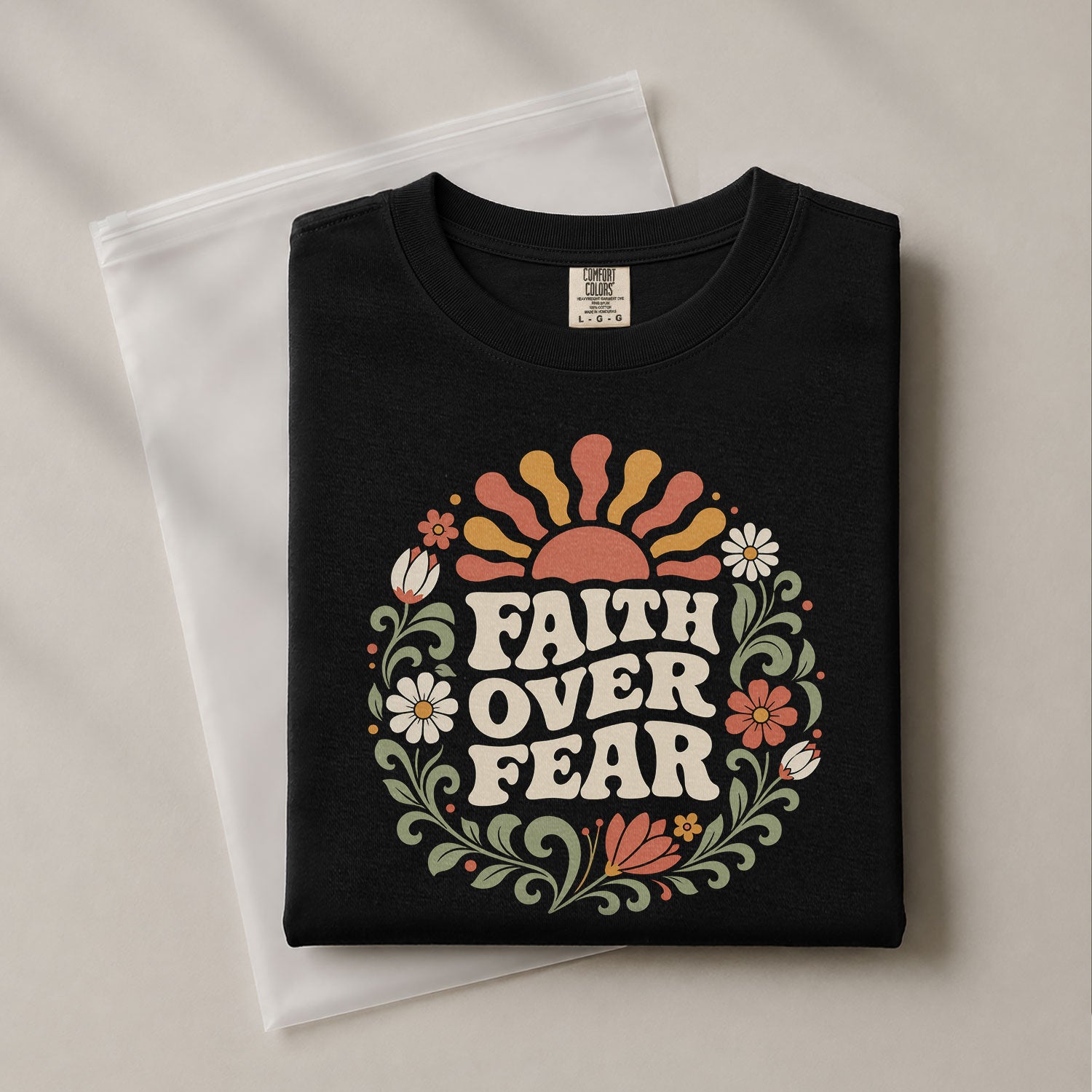 Faith Over Fear Retro Floral Sun Blue Christian Tee For Women Daily Graphic Apparel