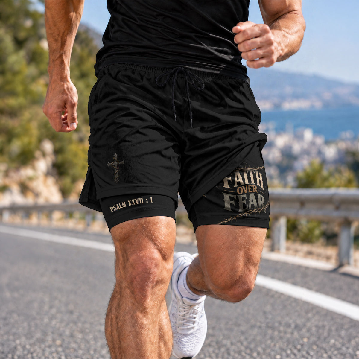 Men's Faith Over Fear Double Layer Track Shorts - Christian Psalm 27:1 Gym Shorts - Rust Field Wear