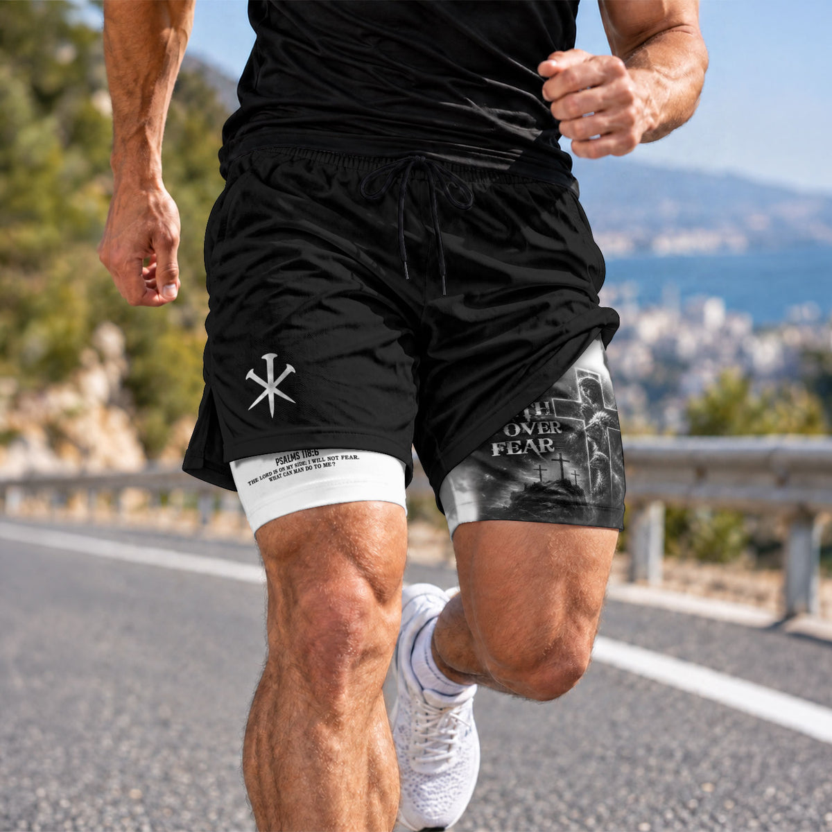 Faith Over Fear Double Layer Track Shorts Mens Christian Athletic Gym Shorts Cross Lion - Rust Field Wear