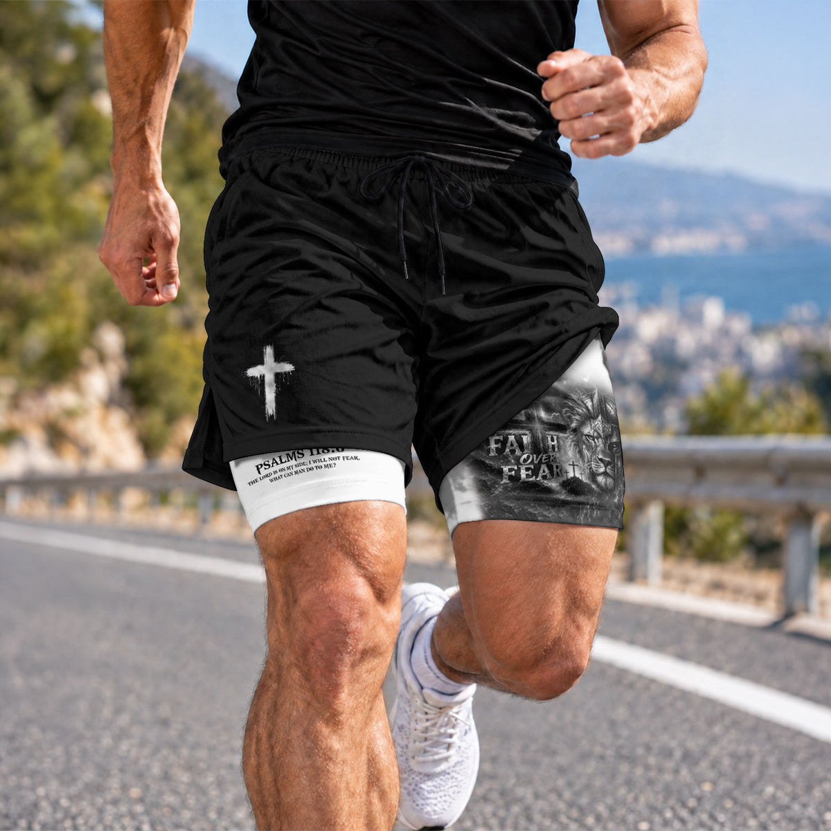 Faith Over Fear Mens Double Layer Track Shorts Warrior Lion Christian Gym Shorts Psalms 118:6 - Rust Field Wear