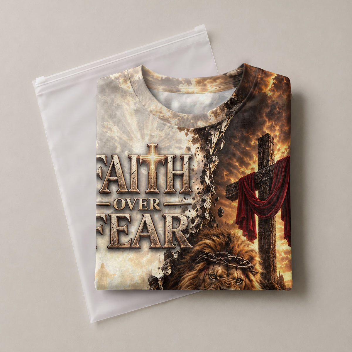Inspirational Faith Over Fear Lion Cross Christian Graphic Athletic Team Shirt Top