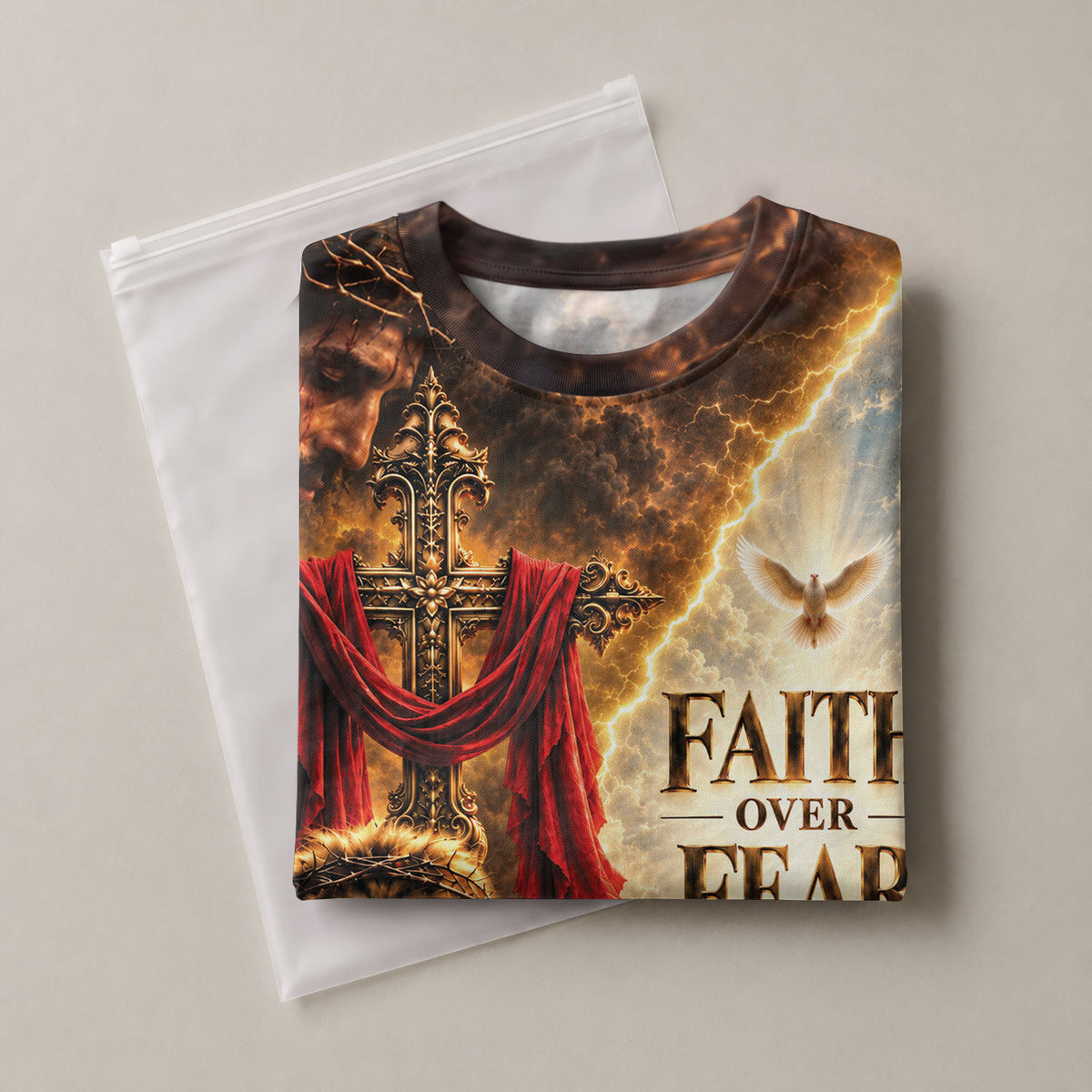 Devotional Faith Over Fear Lion Cross Christian Graphic Athletic Team Shirt Top Garment