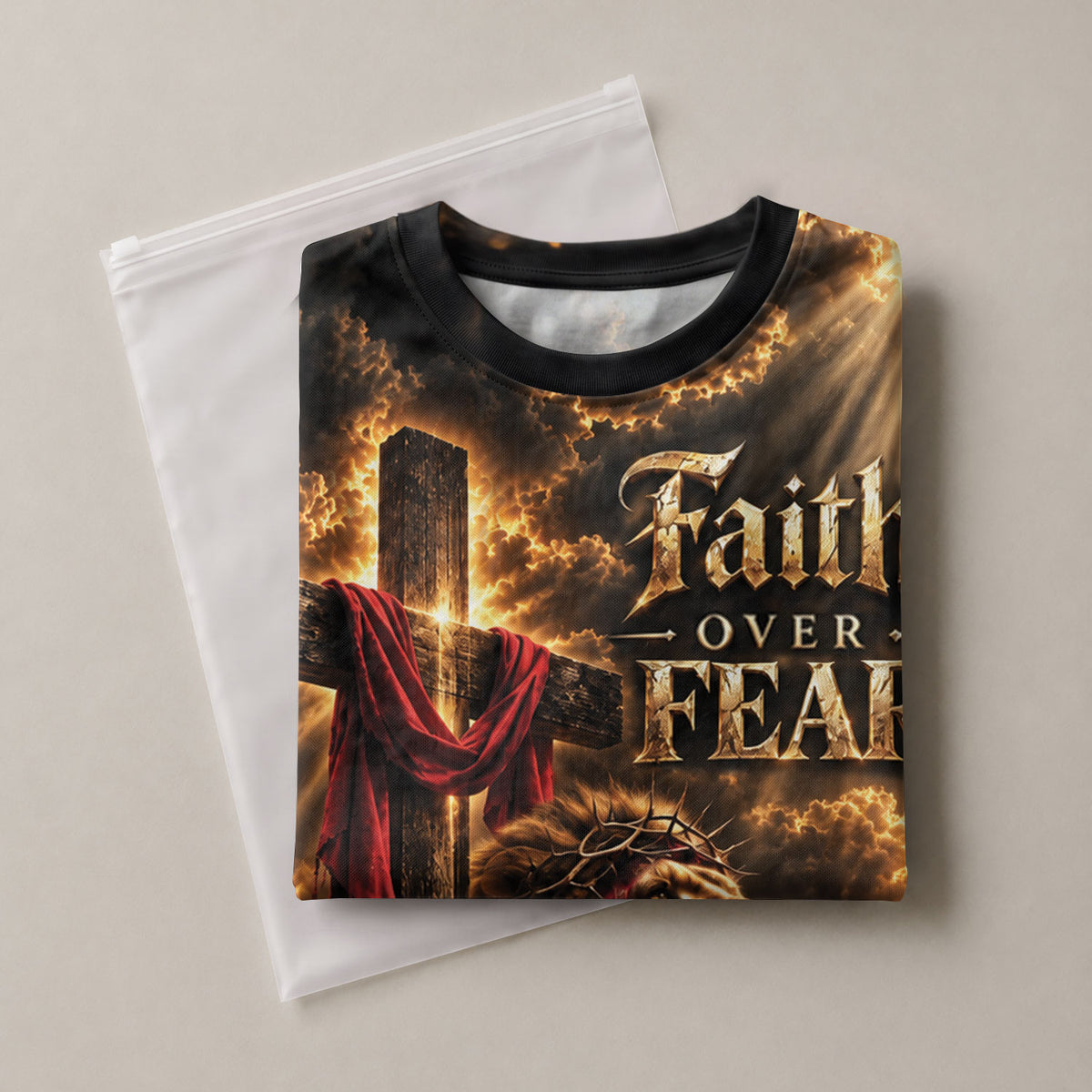 Steadfast Faith Over Fear Lion Cross Christian Graphic Athletic Team Shirt Top Garment