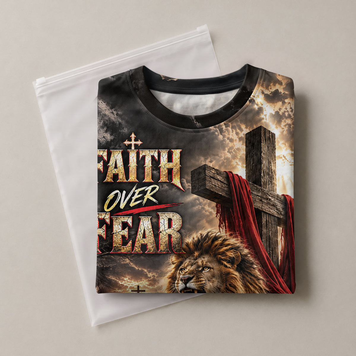 Unyielding Faith Over Fear Lion Cross Christian Graphic Apparel Shirt Top Garment Outfit