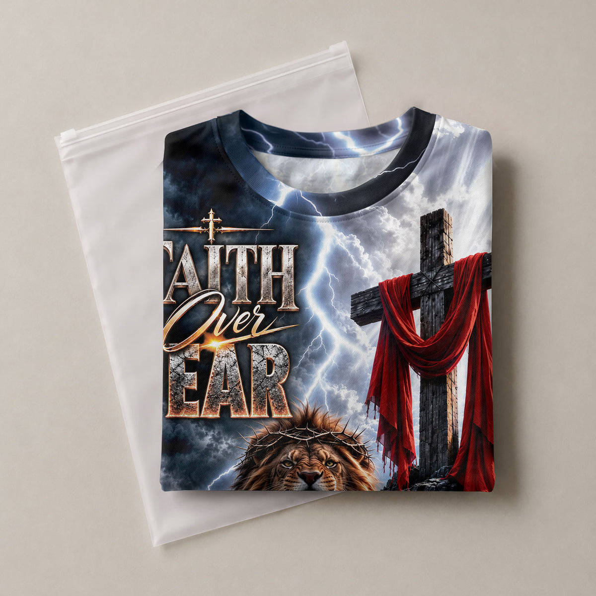 Powerful Faith Over Fear Lion Cross Christian Graphic Apparel Shirt Top Garment Outfit