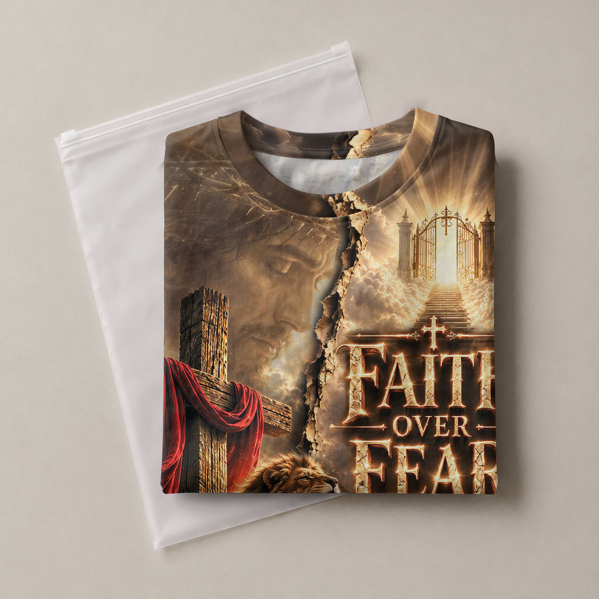 Divided Faith Over Fear Lion Cross Christian Graphic Apparel Shirt Top Garment Outfit