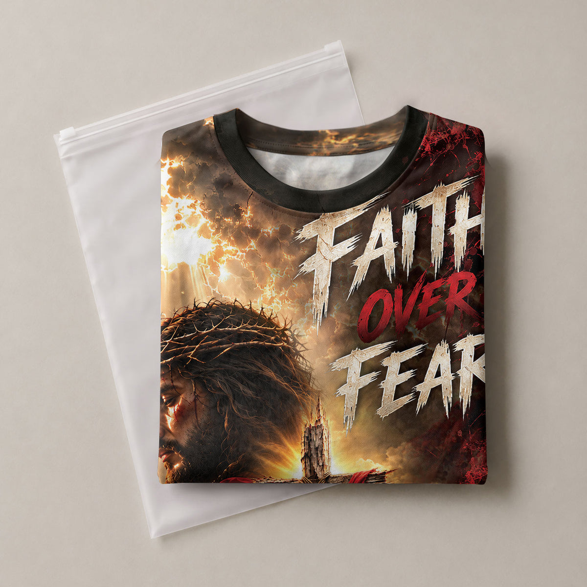 Christian T Shirt Faith Over Fear Jesus Lion Cross Crown Of Thorns Custom Name 3D Tee - Rust Field Wear