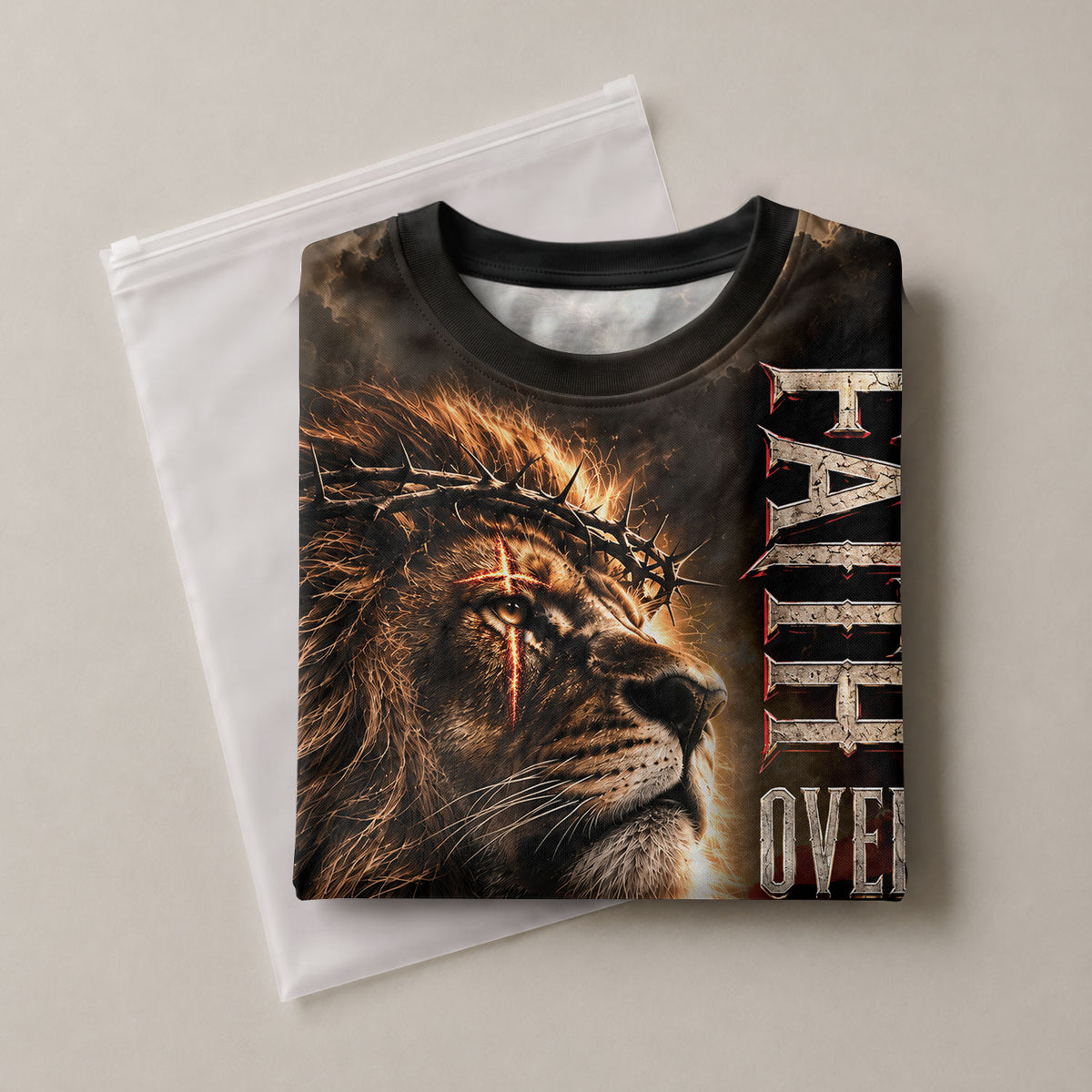 Christian T-Shirt Faith Over Fear Lion Crown Of Thorns Custom Name 3D All Over Print - Rust Field Wear