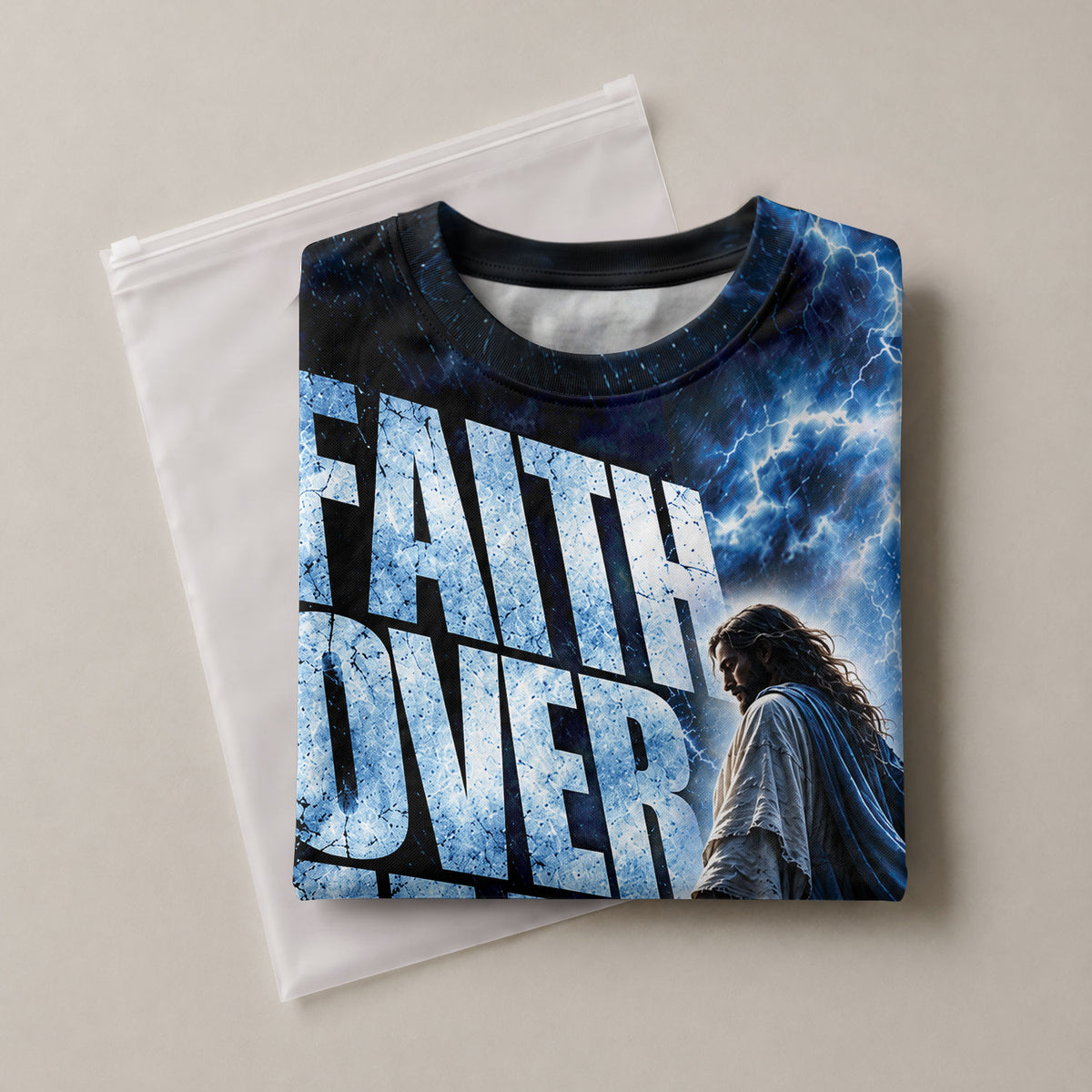 Christian T-Shirt Faith Over Fear Blue Lightning Jesus Lion Custom Name 3D All Over Print - Rust Field Wear