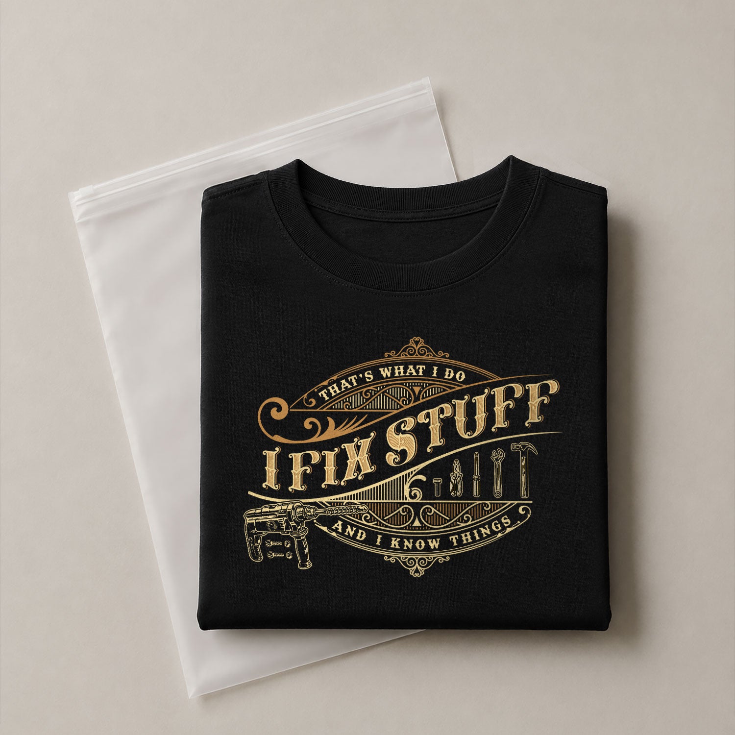 Mens Power Drill Graphic Shirt I Fix Stuff And I Know Things Vintage Badge Tee