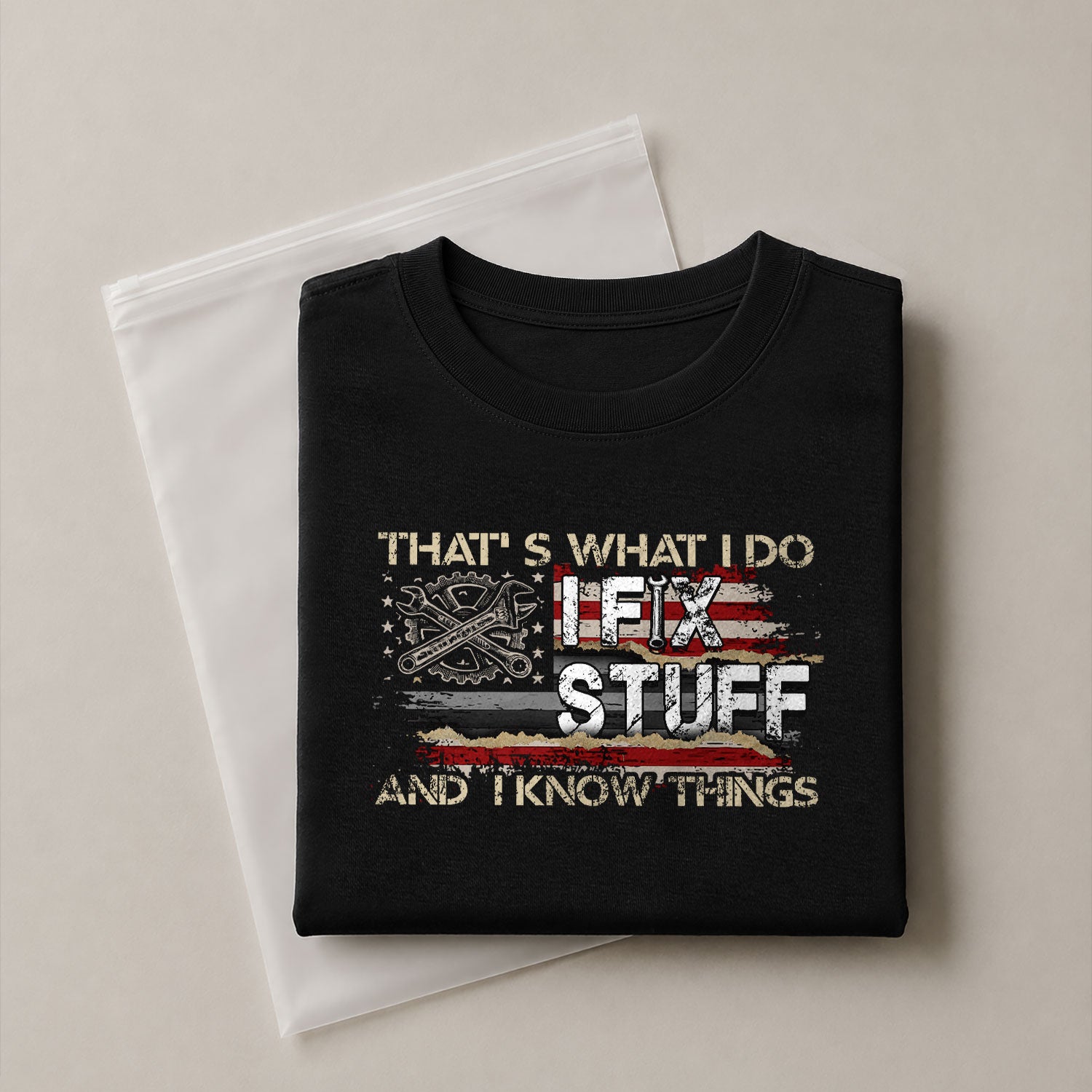 Men Gear Wrench Graphic T-Shirt I Fix Stuff And I Know Things Flag Quote Tee