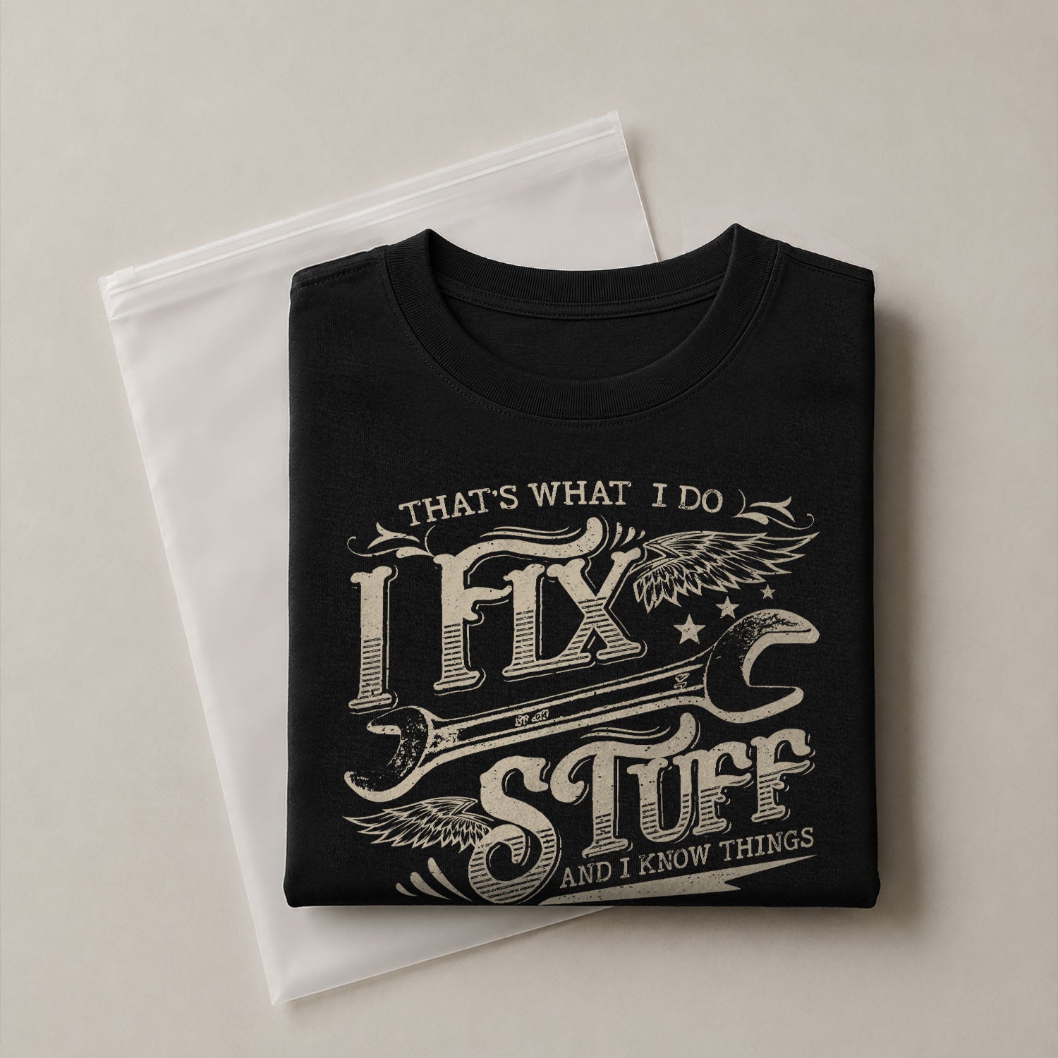 Men Winged Wrench Graphic T-Shirt I Fix Stuff And I Know Things Scroll Quote Tee