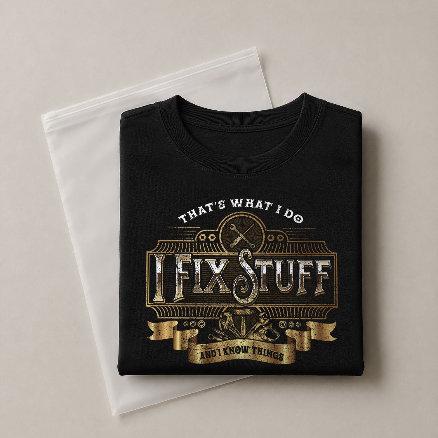 Men Ornate Label Graphic T-Shirt I Fix Stuff And I Know Things Wrench Banner Tee