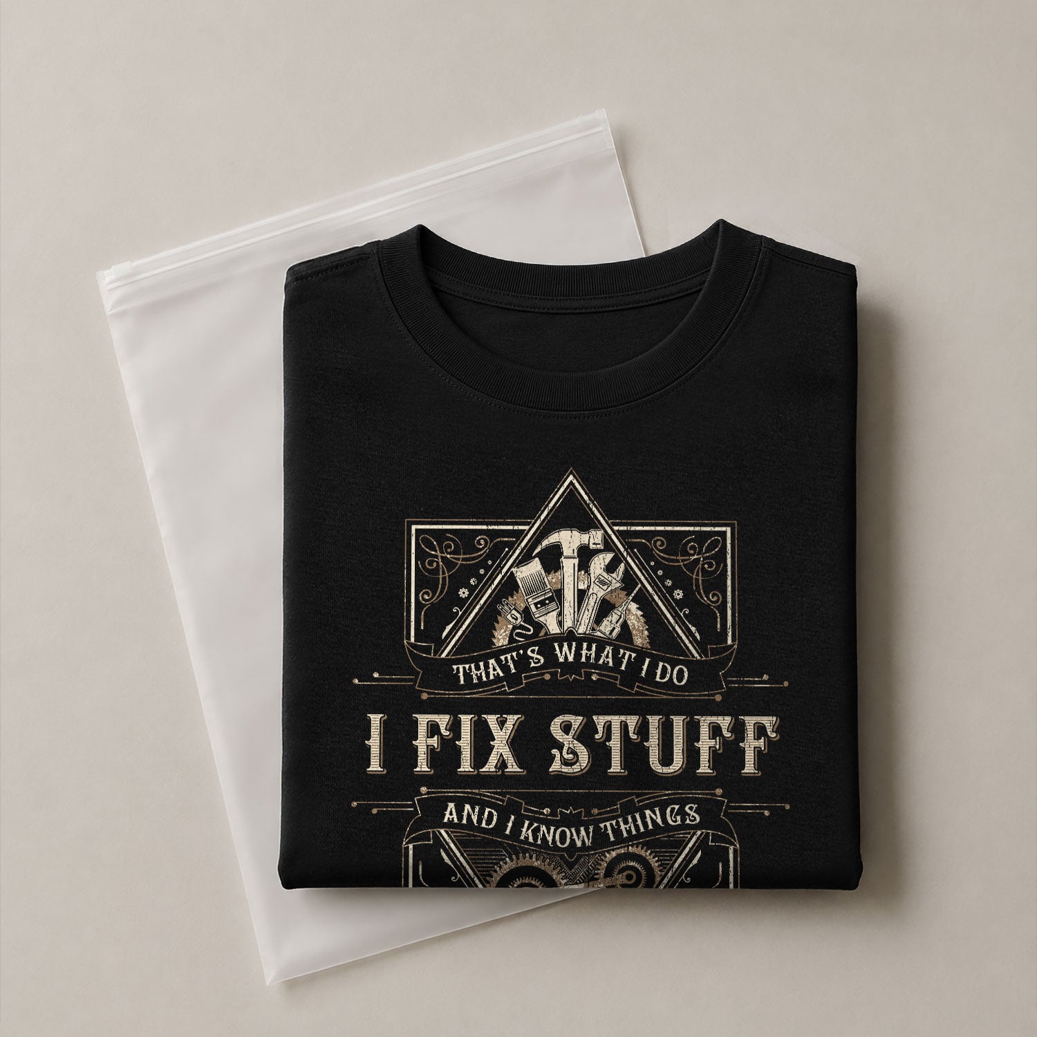 Men Graphic Scrollwork Frame T-Shirt I Fix Stuff And I Know Things Hammer Quote Tee