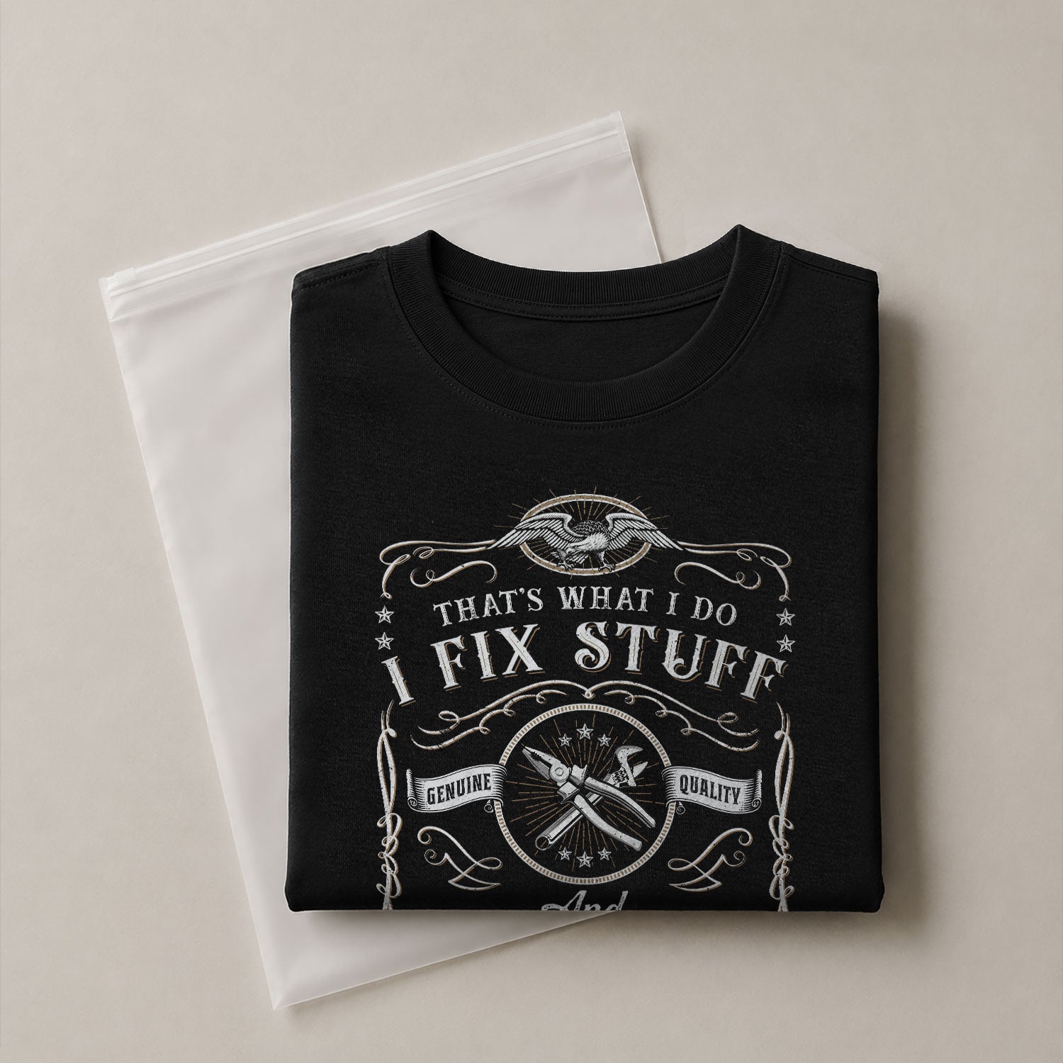 Graphic Shirt Men I Fix Stuff And I Know Things Label Quote T-Shirt Sleeve Details