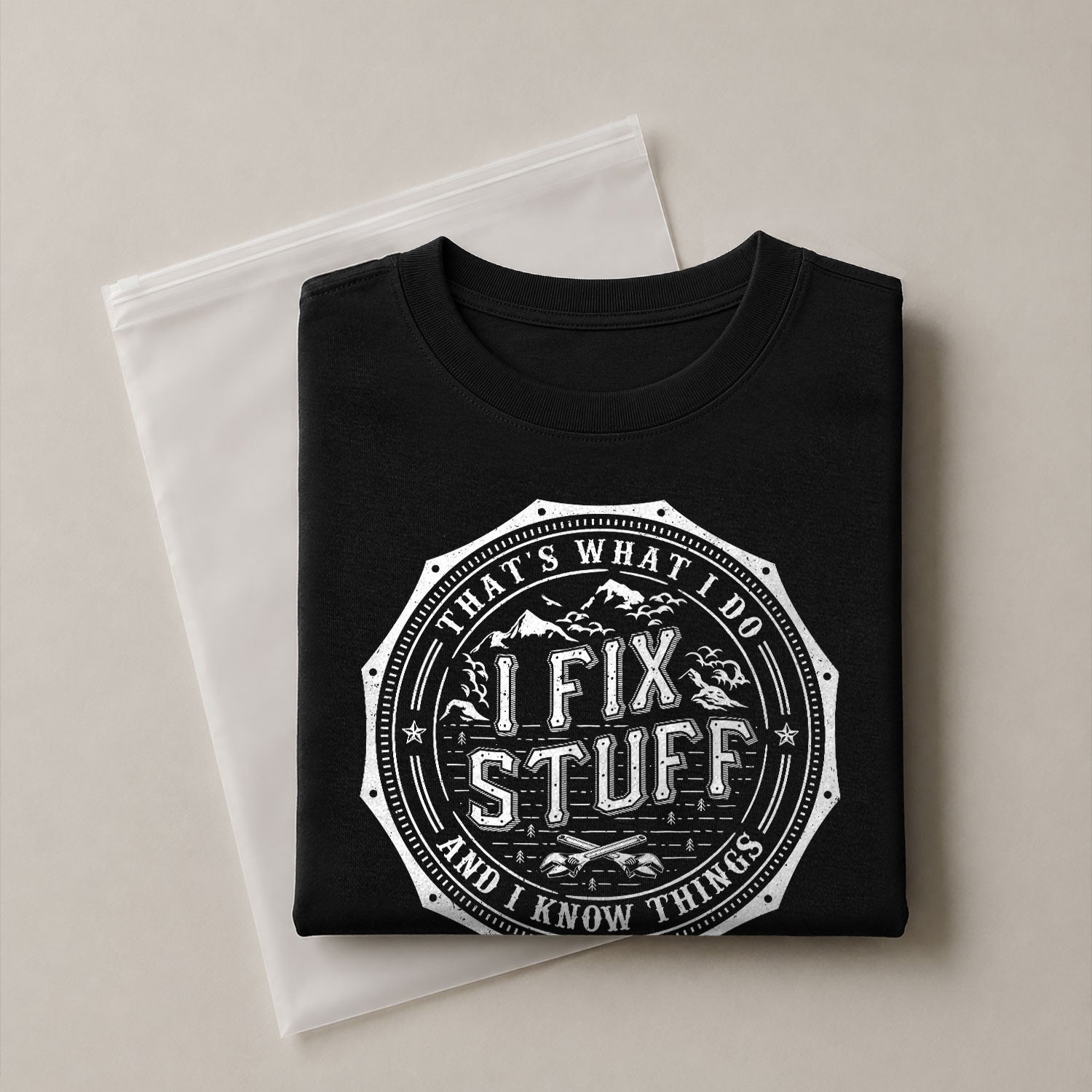 Men T-Shirt Graphic Octagon Badge I Fix Stuff And I Know Things Mountain Quote Tee
