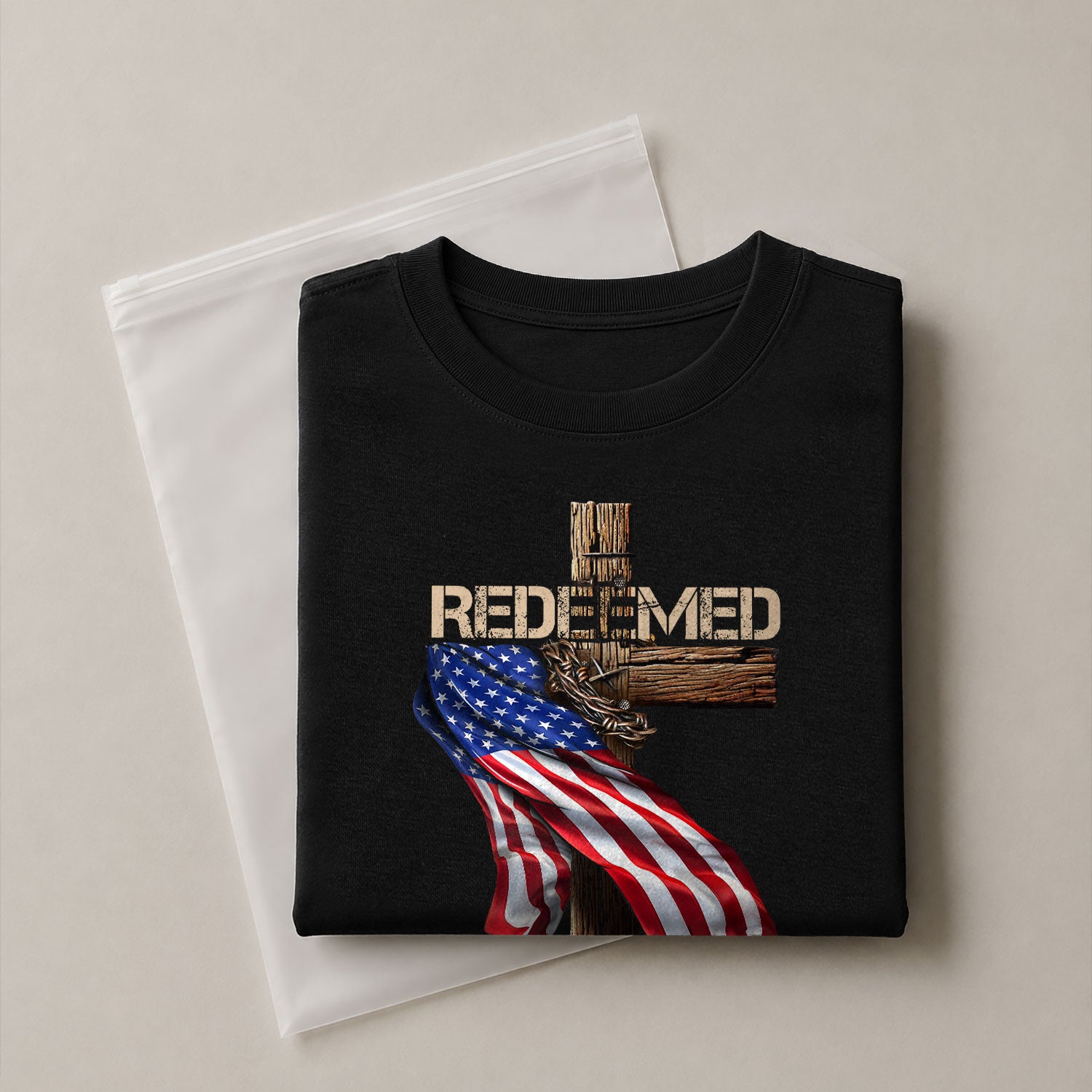 Redeemed by Christ American Flag Cross - Christian Shirts for Men, Faith Based Christian Tee Shirts - Rust Field Wear