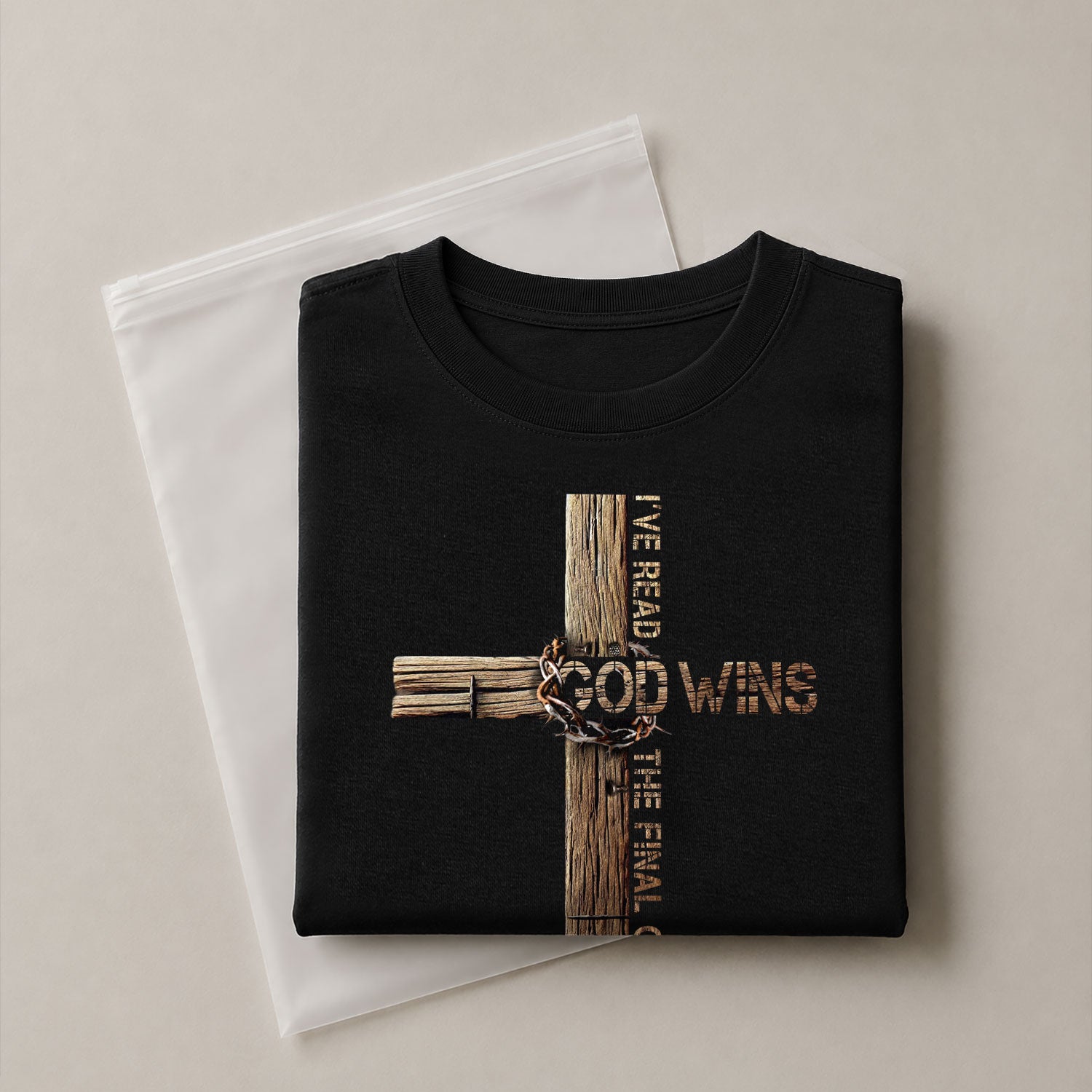 Faith Based Christian Tee Shirts, Victory in Christ God Wins Cross Design - Christian Shirts for Men - Rust Field Wear