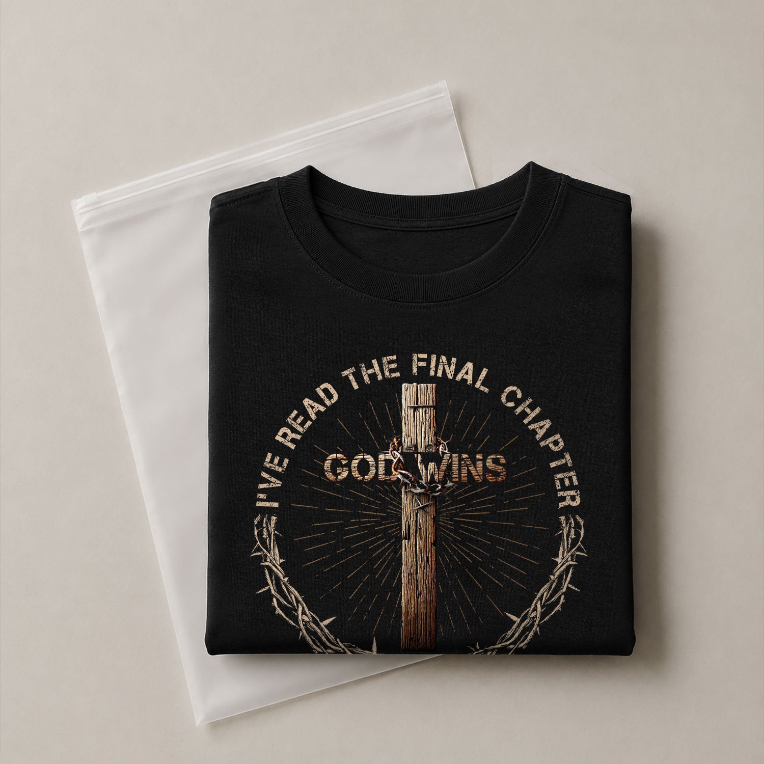 God Wins Cross and Crown Of Thorns Christian - Christian Tee Shirts, Christian Shirts for Men - Rust Field Wear