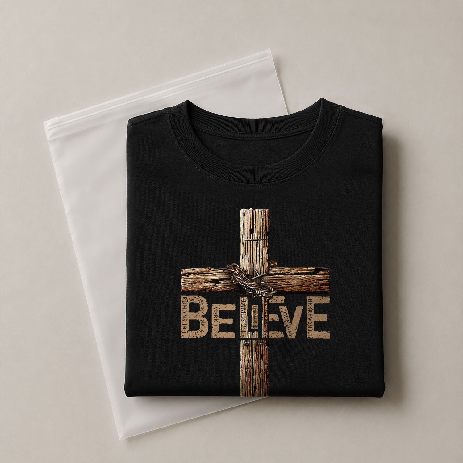 Christian Shirts for Men - Believe In The Cross Rustic Wood Christian, Christian Tee Shirts - Rust Field Wear