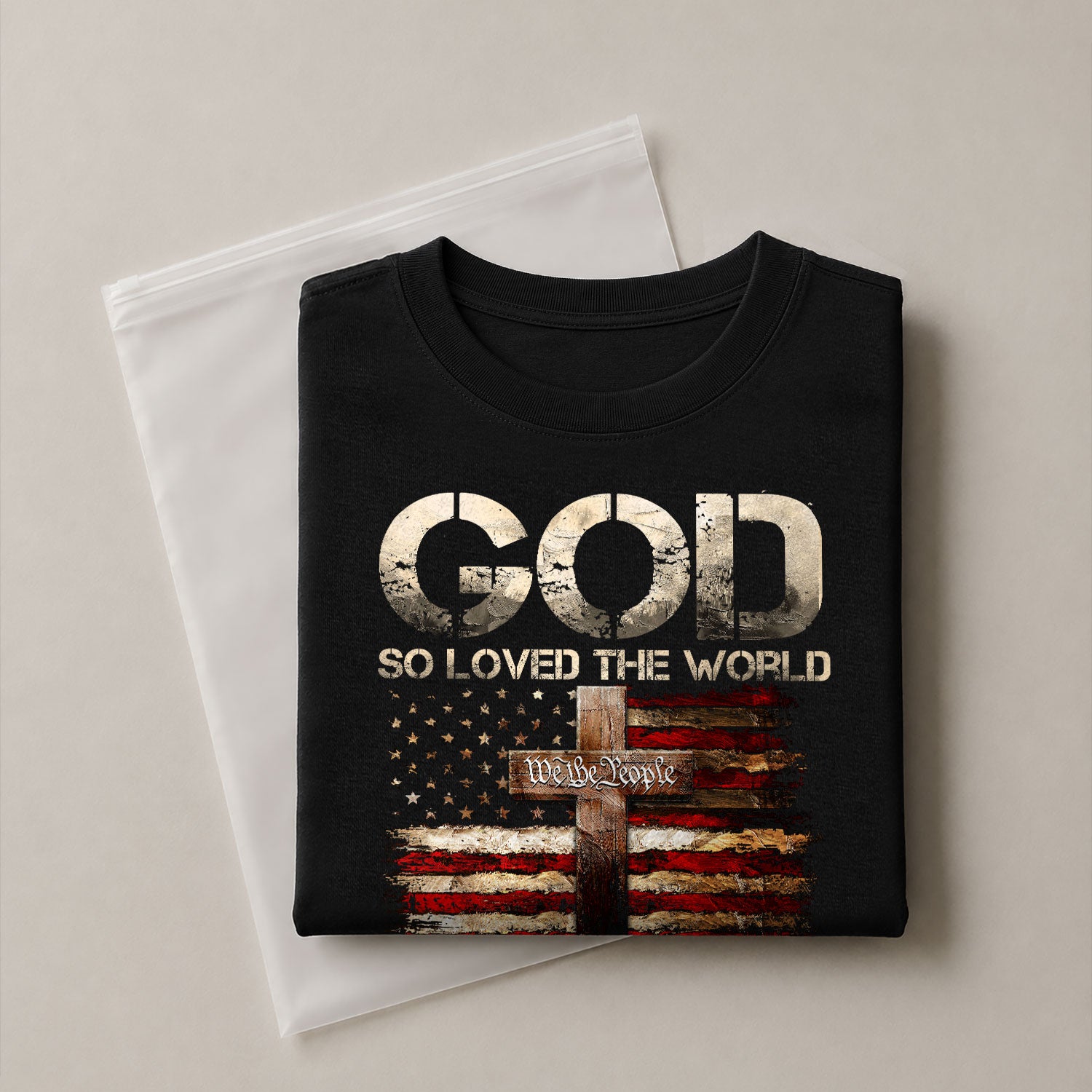 God So Loved The World Only Son Cross and Flag, Christian Tee Shirts - Faith Shirts for Men - Rust Field Wear