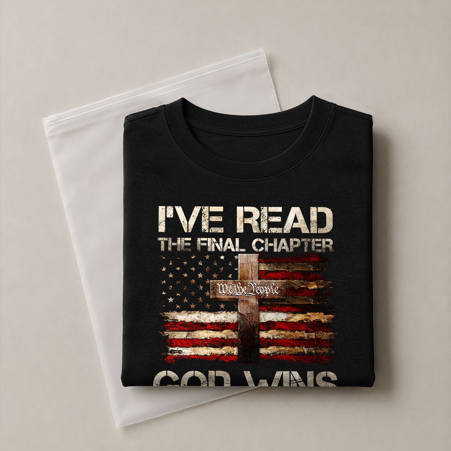 Christian Tee Shirts, God Wins Christian American Flag Cross - Christian Shirts for Men - Rust Field Wear