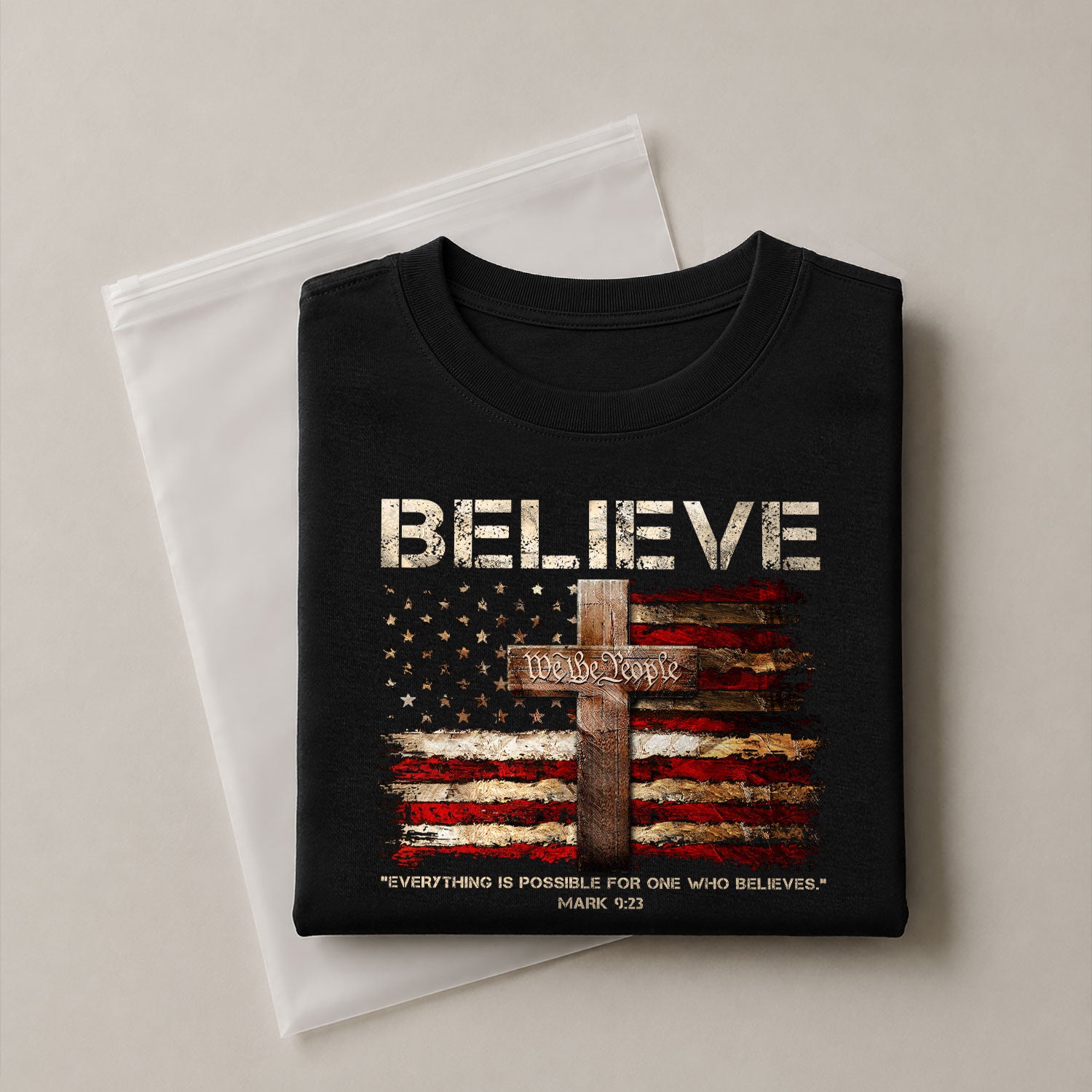 BELIEVE Faith in Action, Powered by Mark 9:23 - Christian Tee Shirts, Christian Shirts for Men - Rust Field Wear