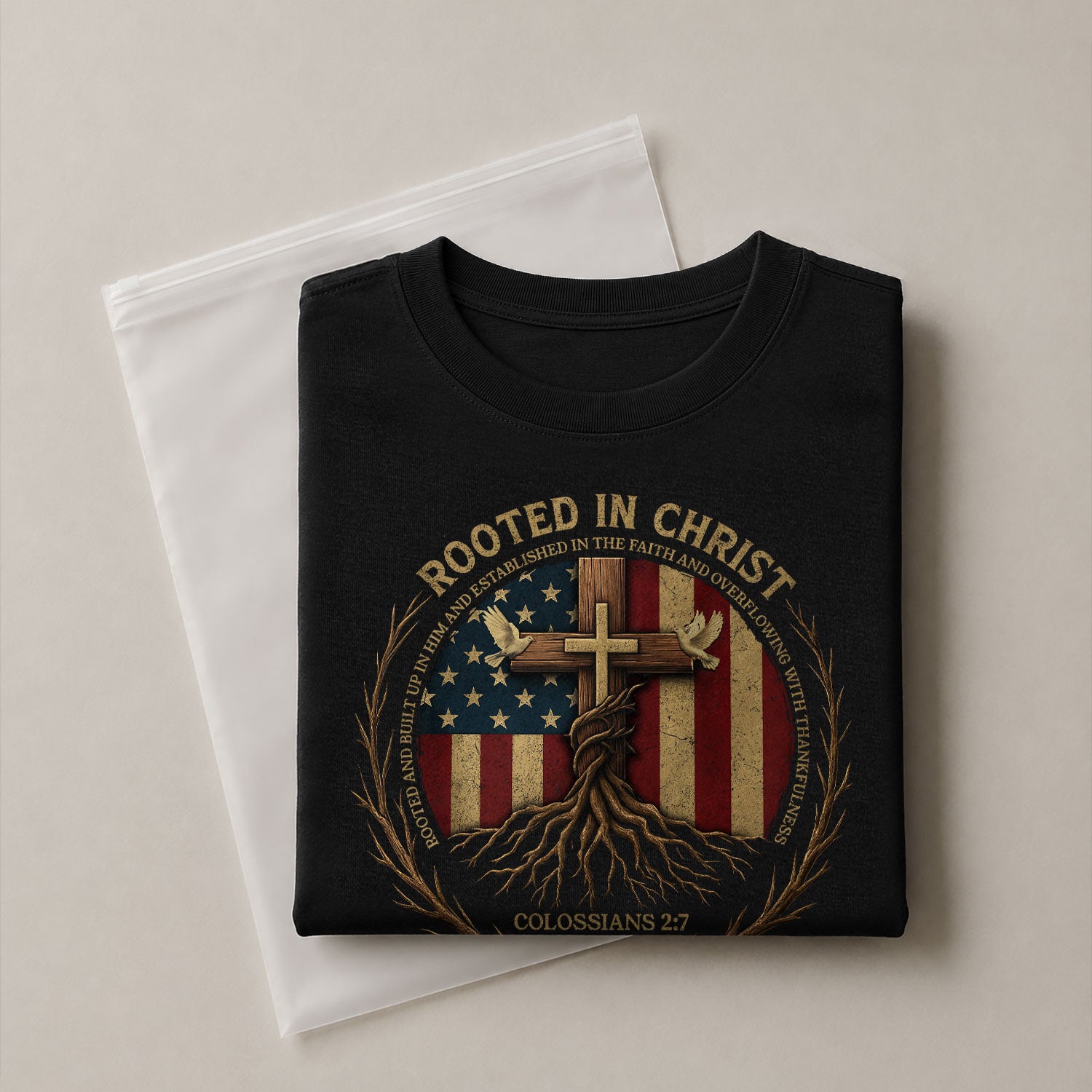 Christian Tee Shirts, Rooted in Christ Colossians 2:7 American Flag Faith - Christian Shirts for Men - Rust Field Wear