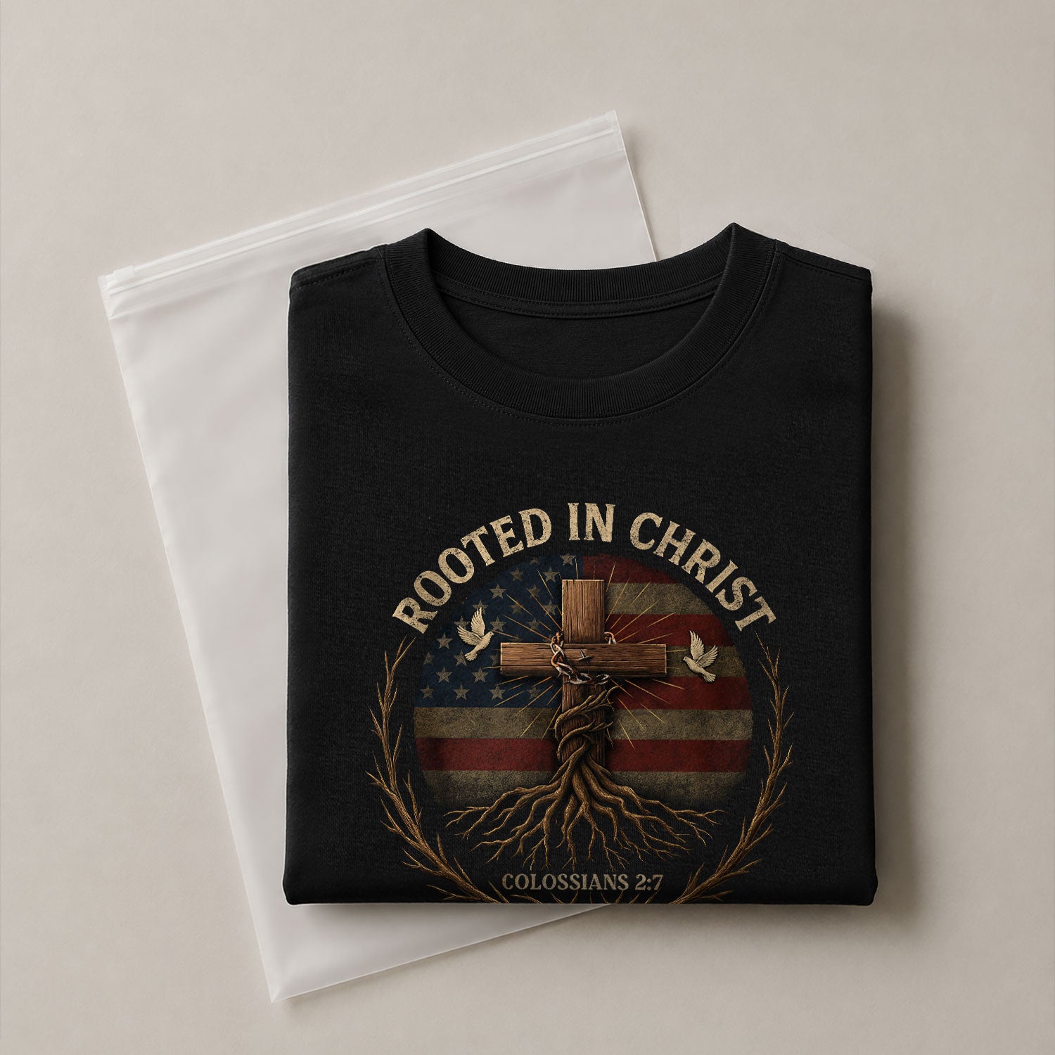 Rooted In Christ Colossians 2:7 American Faith, Christian Shirts for Men - Christian Tee Shirts - Rust Field Wear