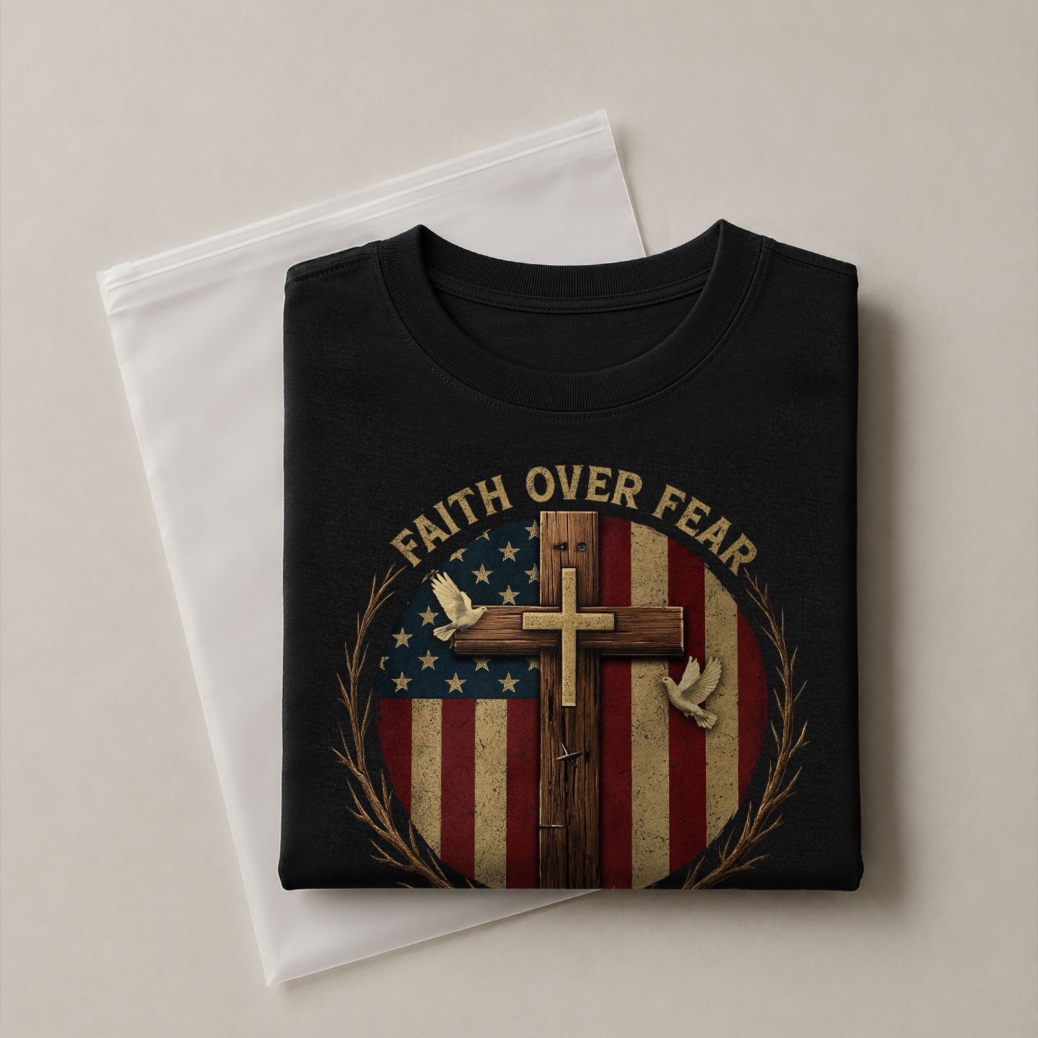 Faith Based Christian Tee Shirts, Faith Over Fear American Flag Cross Christian - Christian Shirts for Men - Rust Field Wear